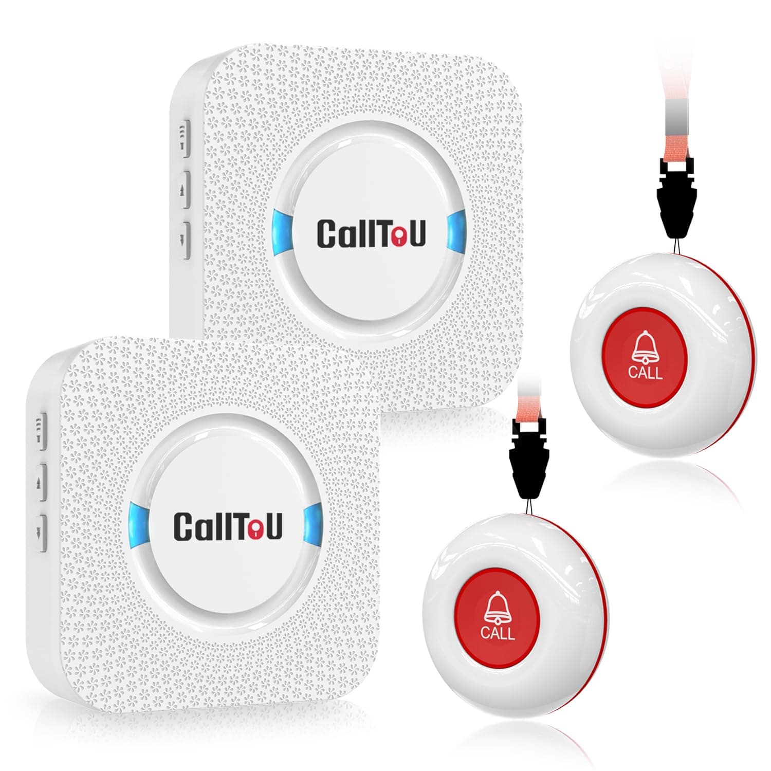 CallToU Wireless Caregiver Pager Smart Call System 2 SOS Call Buttons/Transmitters 2 Receivers Nurse Calling Alert Patient Help System for Home/Personal Attention Pager 500+Feet Plugin Receiver Alert