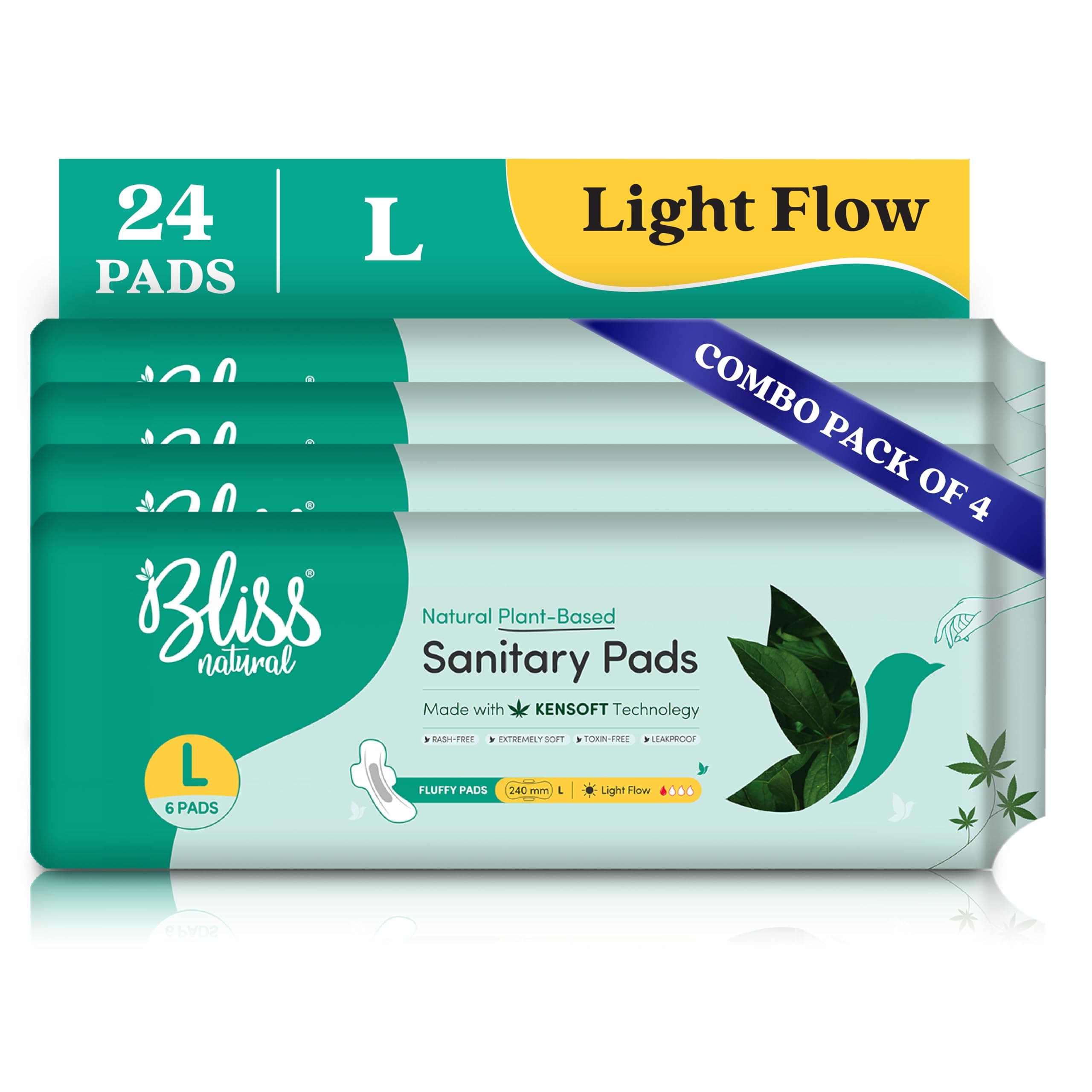 BLISSNATURAL Ultra Soft Sanitary Pads L | 24 Pads (4 Pack of 6)