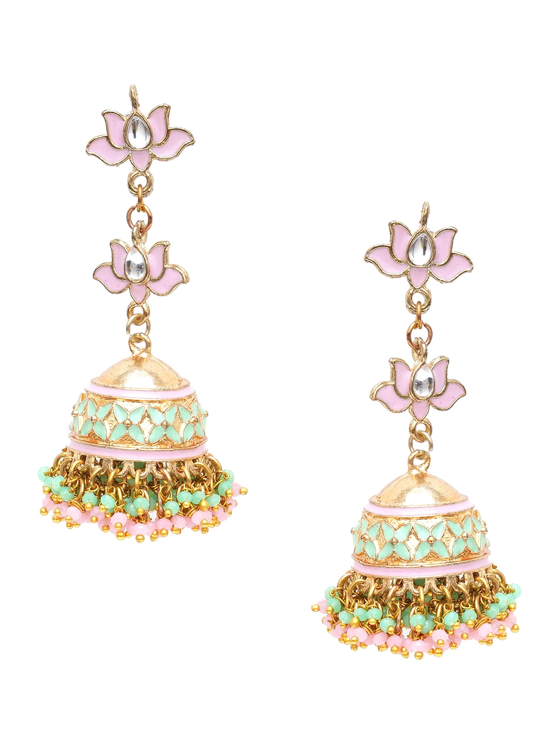 Karatcart Gold Plated Pink and Light Green Crystal Kundan Jhumki Earrings for Women