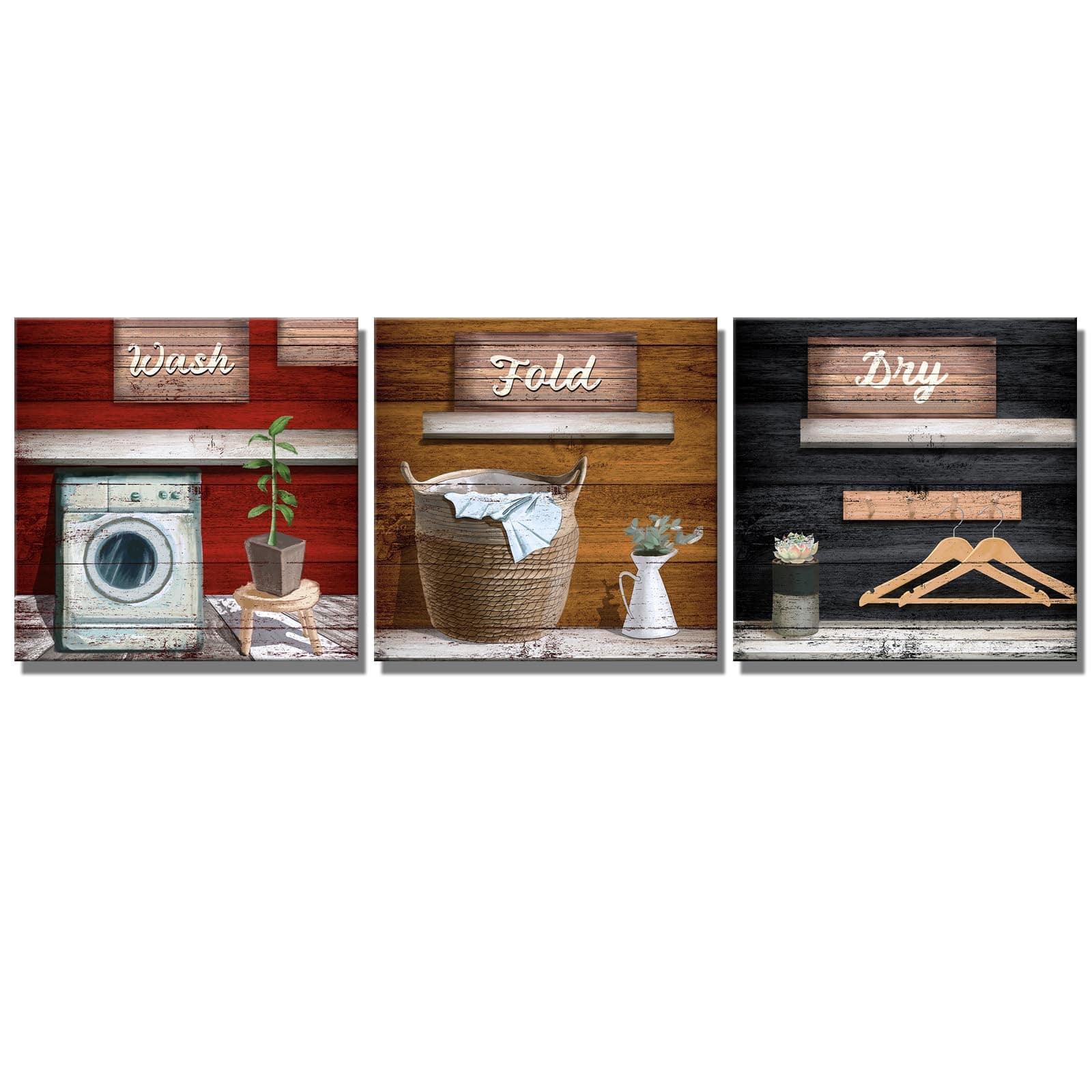 sechars Laundry Room Canvas Wall Art Wash Dry Fold Laundry Signs Painting Vintage Brown Red and Black Wall Decor for Country Farmhouse Hotel