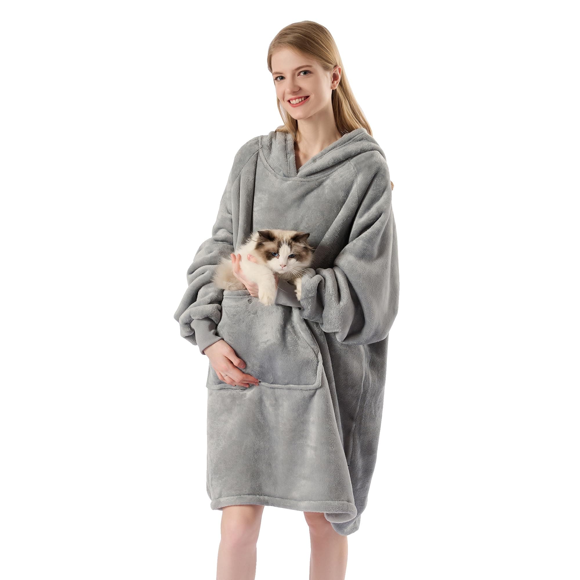 Krifey Wearable Blanket Sweatshirt for Women and Men,Oversized Sherpa Fleece Blanket Hoodie(Pocket Cap-Light Gray)