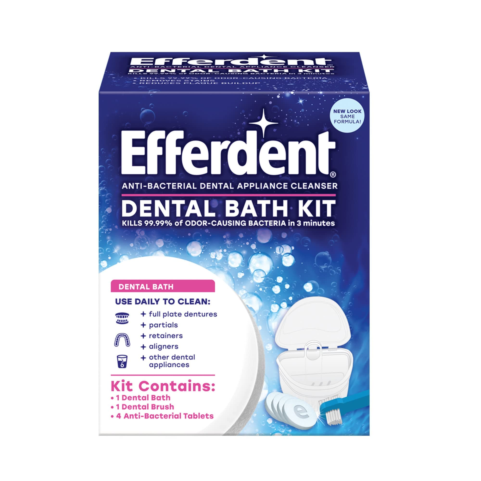 Efferdent Denture Bath Cleanser Kit Denture Bath Case, 1 Brush and Denture Cleansing Tablets, 4 Count