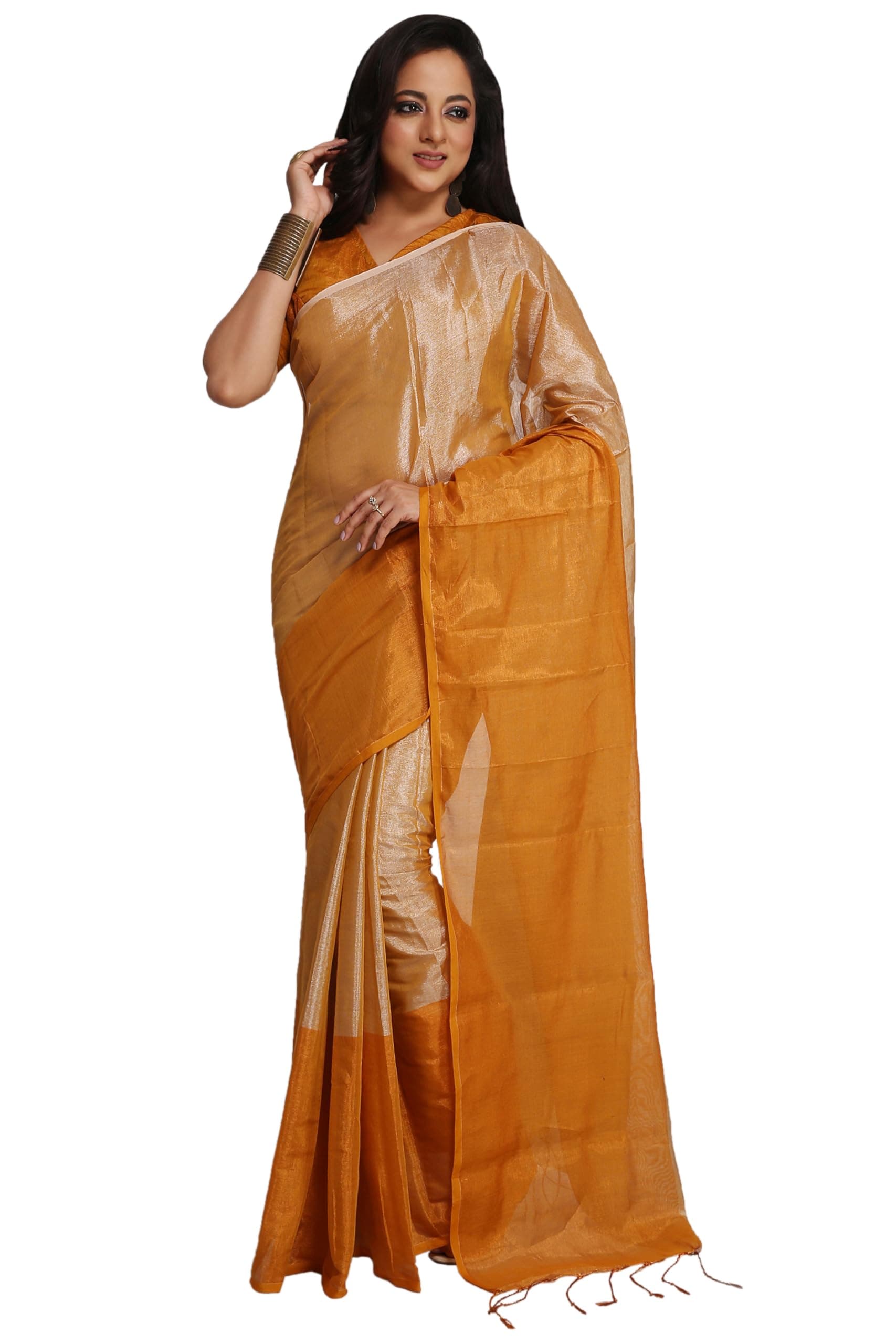 WoodenTant Women's handloom Tissue Zari plain saree with Big Border without blouse piece (Gold).