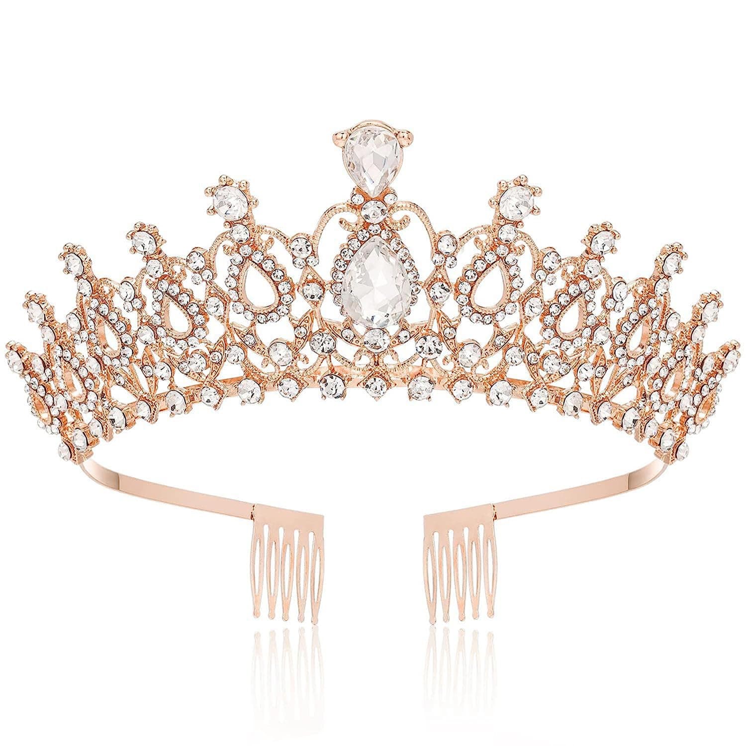 Shining Diva Fashion Crystal Tiara and Crown for Women Stylish Headband Crowns with Comb Tiaras for Girls Kids Queen Princess Wedding Bridal Birthday Gift Hair Accessories (Rose Gold) (rrsd15870hb)