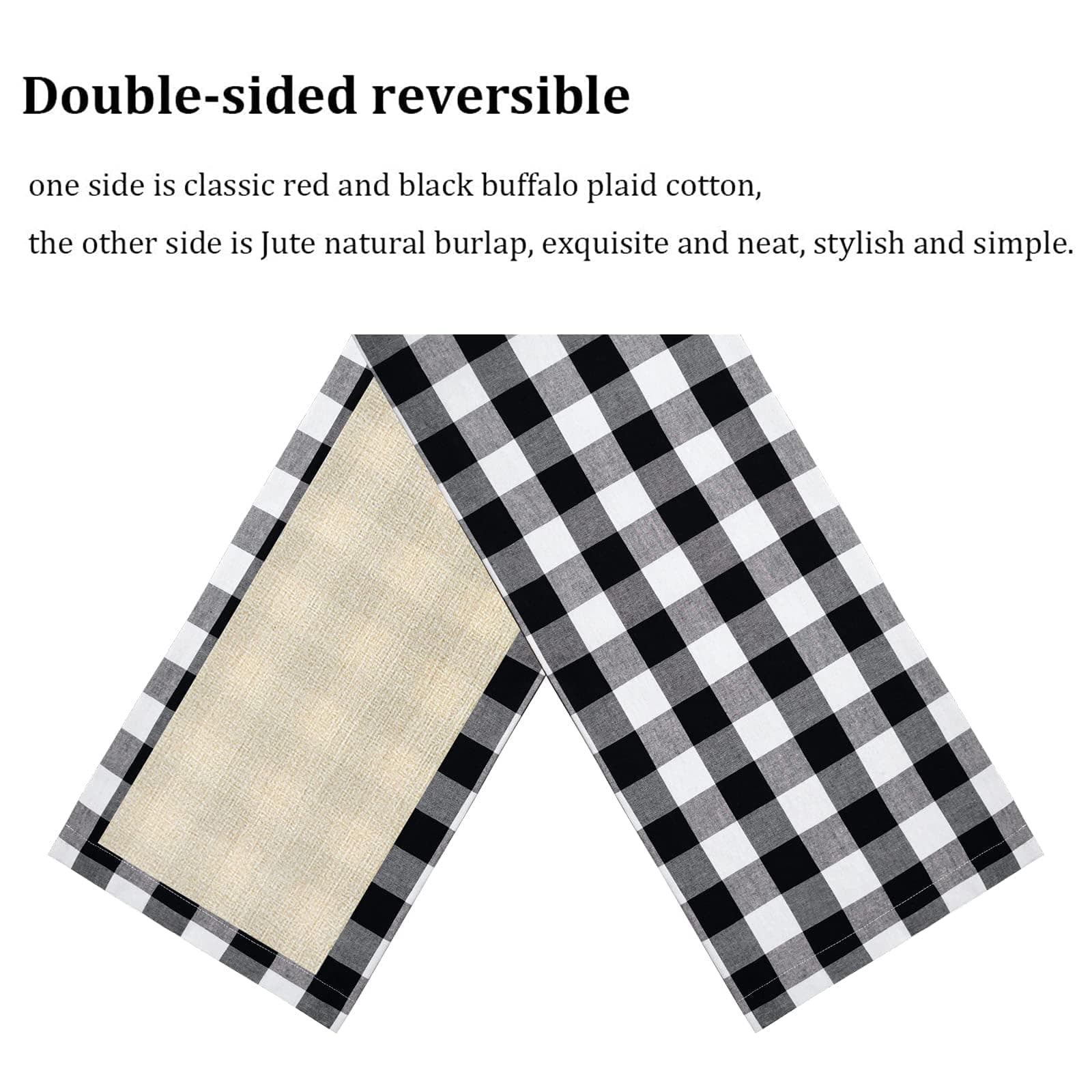 Senneny Christmas Table Runner Burlap & Cotton Black White Plaid Reversible Buffalo Check Table Runner for Christmas Holiday Birthday Party Table Home Decoration