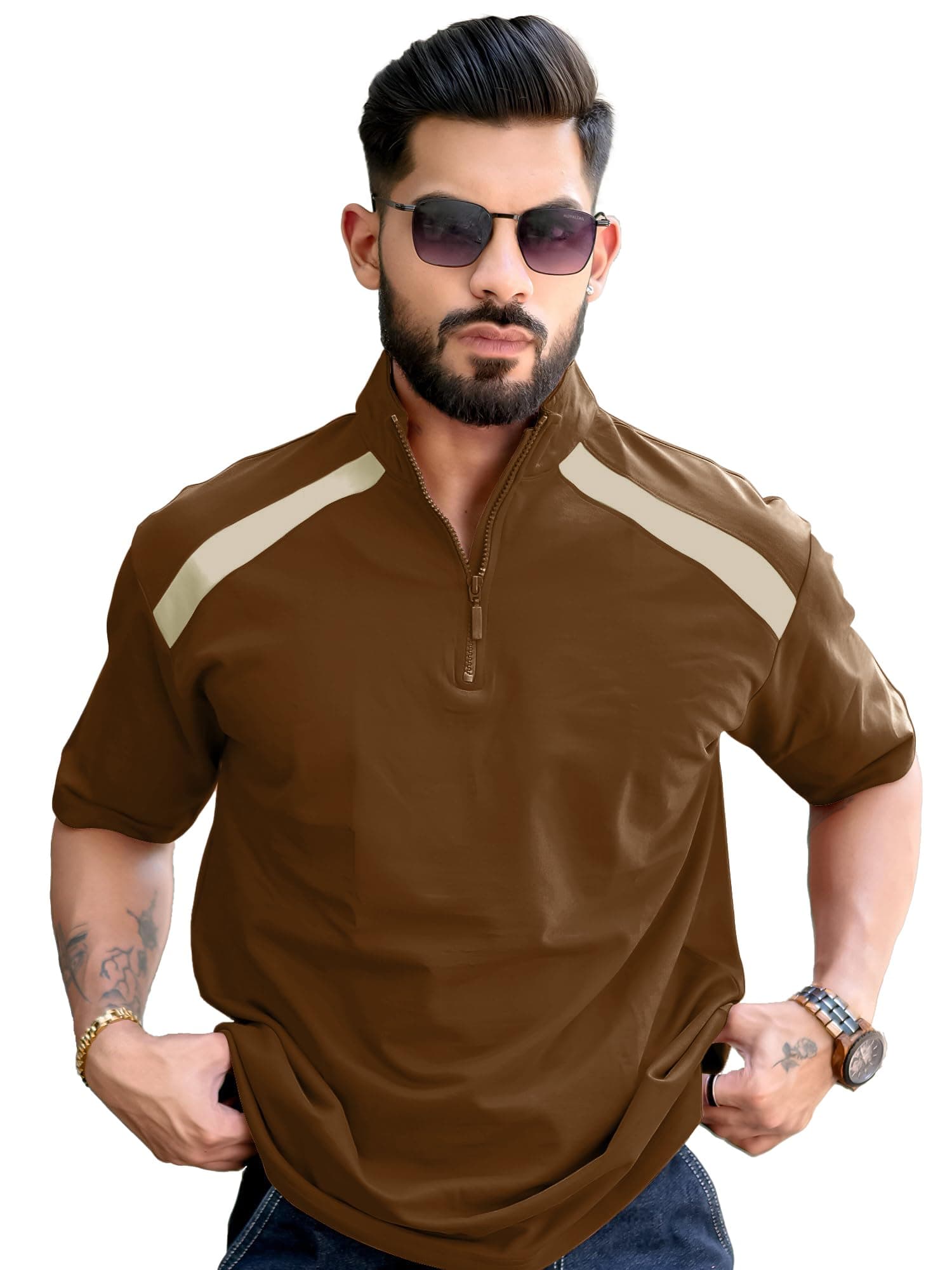 Maniac Mens Solid Oversized Fit Henley Neck 3/4Th Sleeve Light Grey And White Half Zipper Cotton T-Shirt, Small