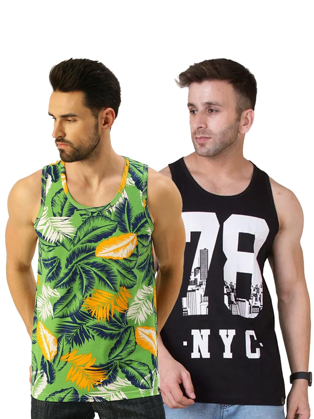 Veirdo® Pure Cotton Scoop Neck Regular Fit Multicolor Printed Sleeveless Vest for Men & Boys (PO2_G4_STRBLK_BSR_XXL)
