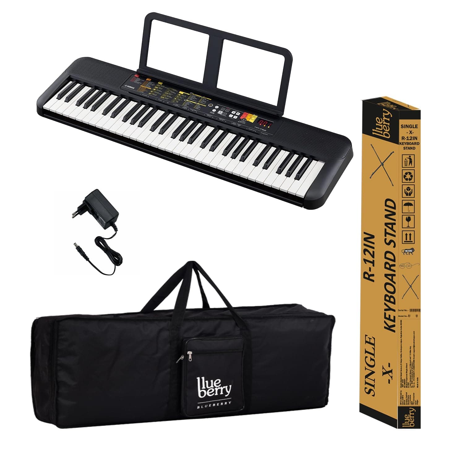 Yamaha PSR-F52, 61-Keys Portable Keyboard with Blueberry KB-40 Bag & R-12 Stand (Black)
