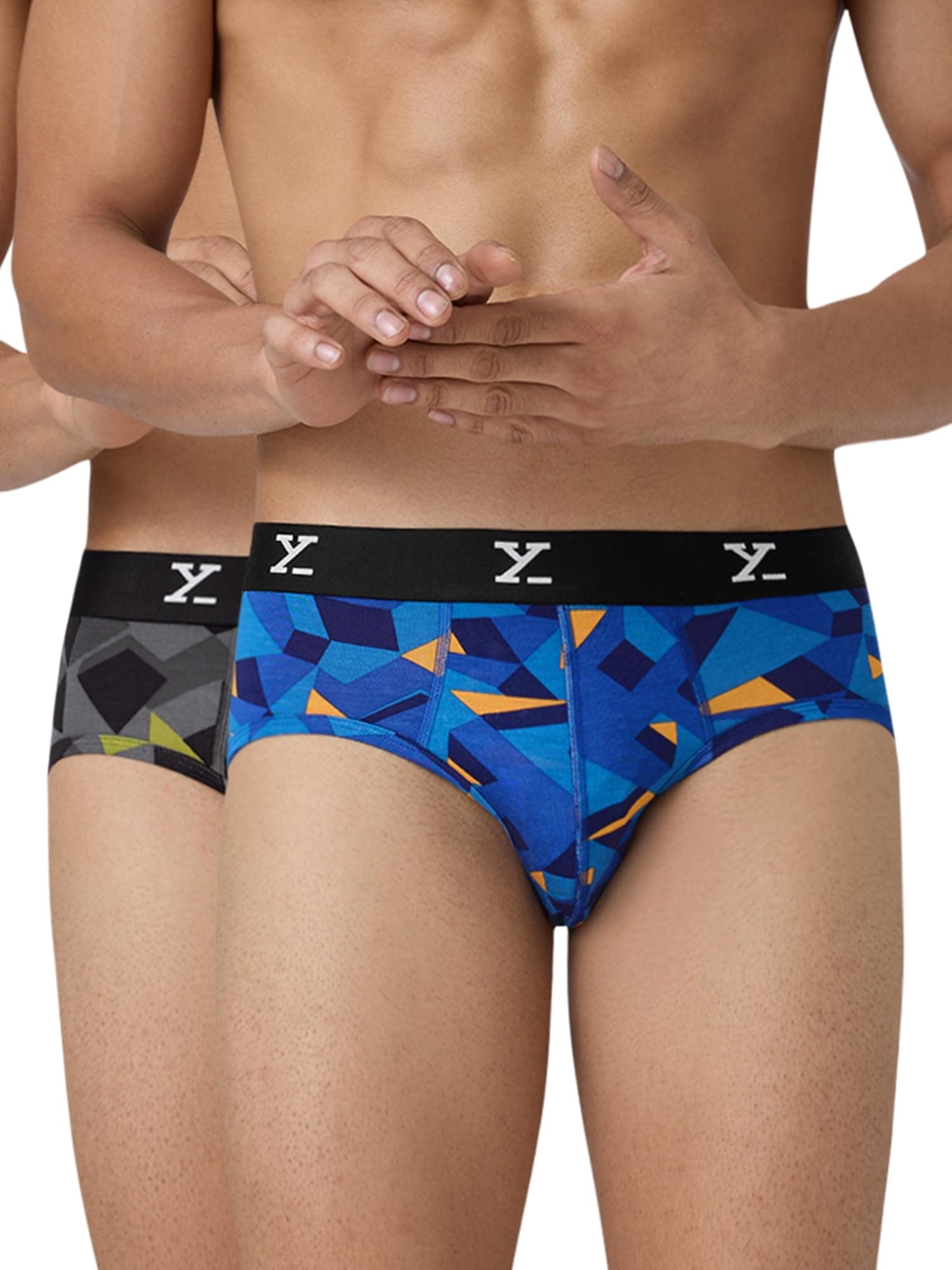 XYXX Men's Modal Slim Geometric Briefs (Pack of 2) (XY_R5_BRF_02 Blue + Prism Grey