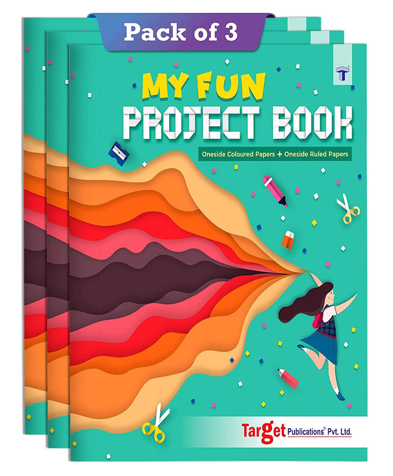 TARGET PUBLICATIONS Single Line Project Sheets with Colourful Pages | 32 Pages A4 Size | 1 Side Ruled & 1 Side Colored Plain Page | Set of 3 Books