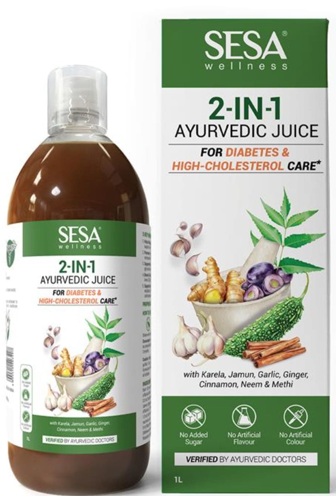 Sesa 2-in-1 Ayurvedic Juice – 1L | Supports Healthy Cholesterol & Blood Sugar Levels | With Karela, Jamun, Garlic & Cinnamon | No Added Sugar
