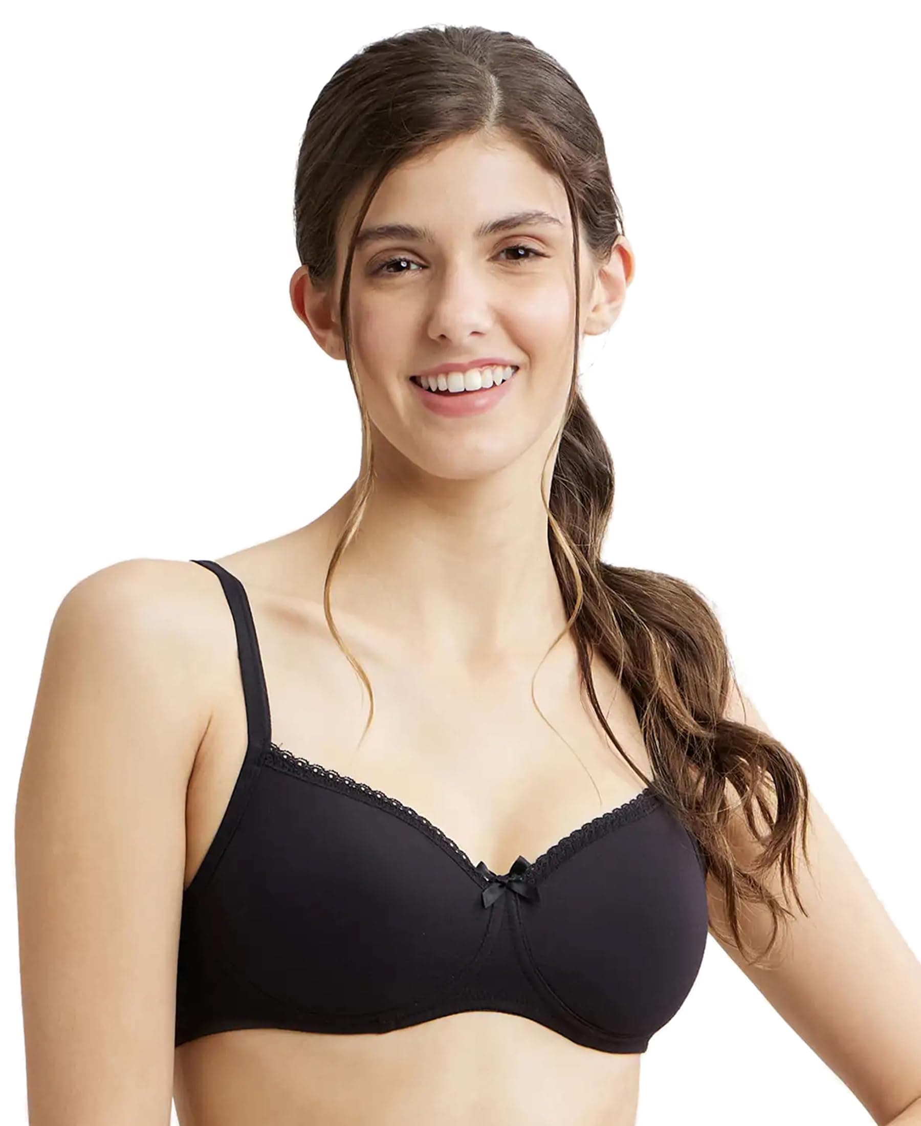 Jockey 1723 Women's Wirefree Padded Super Combed Cotton Elastane Stretch Medium Coverage Lace Styling T-Shirt Bra with Adjustable Straps_Black_38C