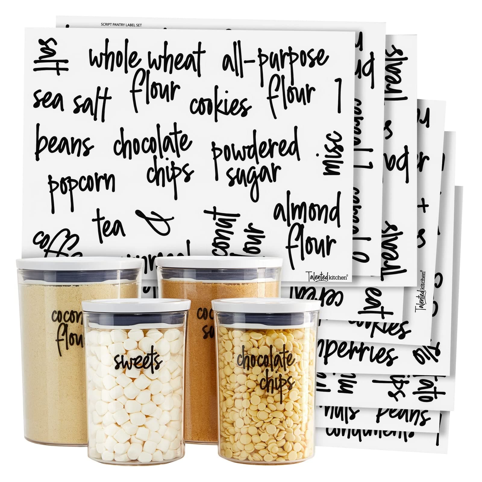 Talented Kitchen Mega Script Food Label Sticker, Water Resistant Preprinted Stickers Decals Jars Organization Storage Pantry Labels - Set of 157