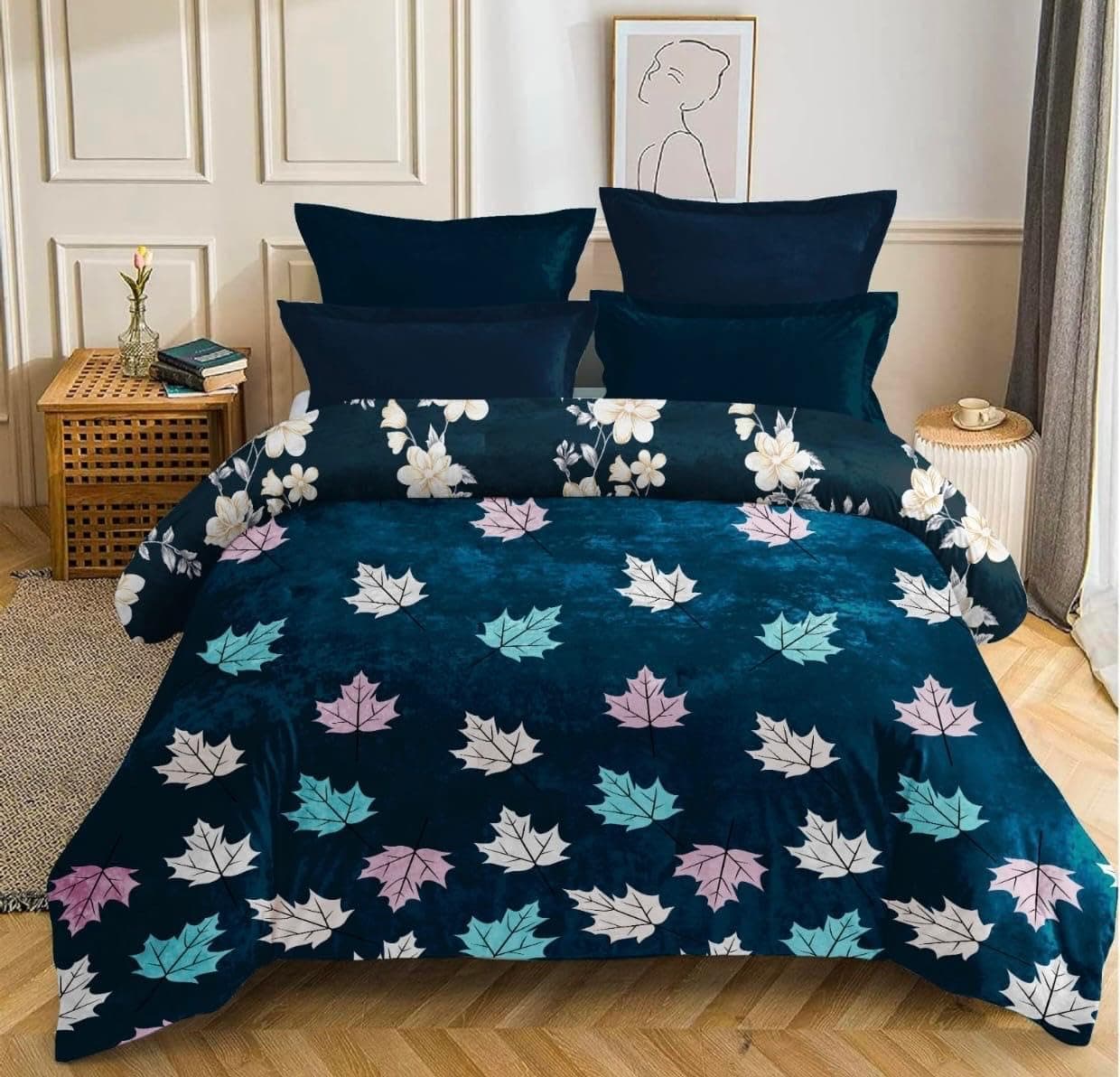 SLEWINO Elastic Fitted Warm Flannel Bedsheet King Size Warm Velvet Bedsheet for Winter Double Bed | 2 Pillow Covers, Size - 72 x 78 Inches (Brown Floral)