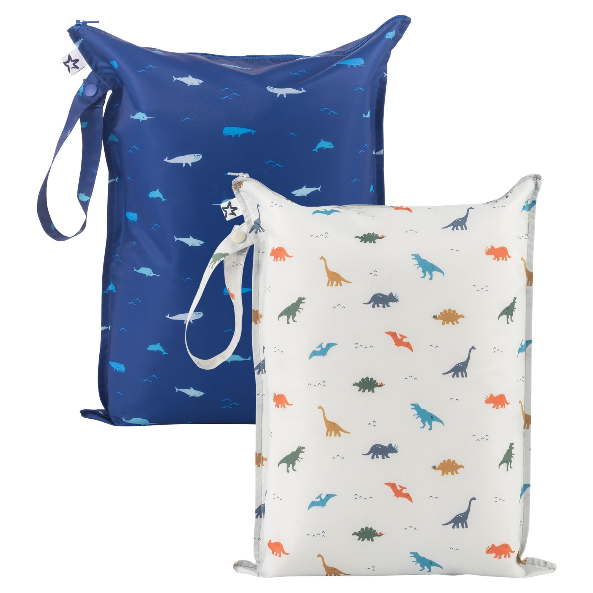 Tiny Twinkle Mess-proof Wet Bags 2 Pack Waterproof and Washable Bag for Travel storage, Stroller, Daycare, Baby Diapers, Yoga, Beach, Pool, Wet Toddler Swimsuits (Dinosaur, Ocean Life)