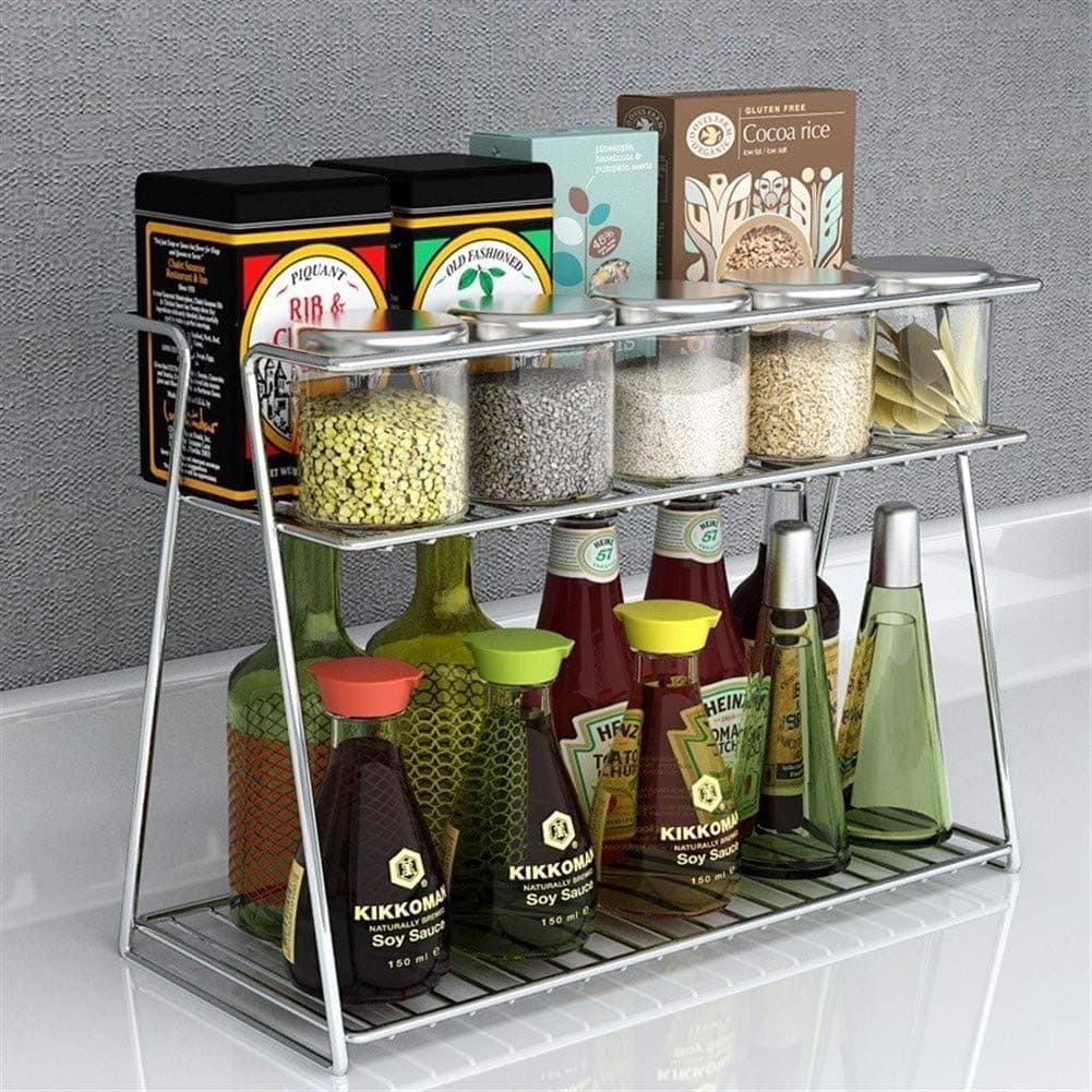 NH10 DESIGNS Stainless Steel Kitchen Rack Stand Container Organizer Storage Shelf Holder Trolley Basket for Spice Boxes Utensils Dishes,2-Tier, 38.1Dx25.4Wx15.2H cm Large,Silver,Tiered Shelf (NHSP)