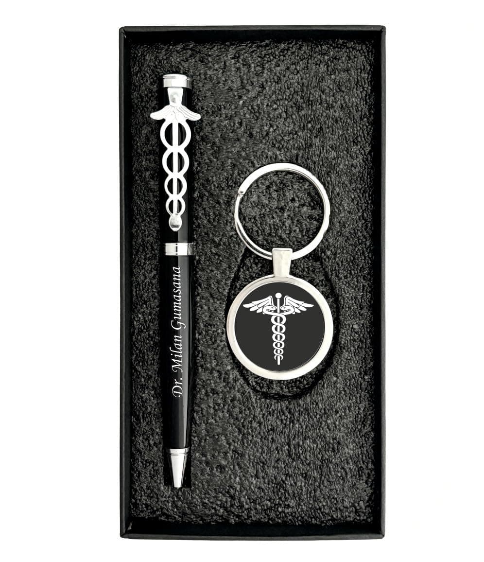 MOXTER Personalized Name Metal Doctor Ball Pen & Key Chin Gift Set (Pack Of 1), Ink Blue