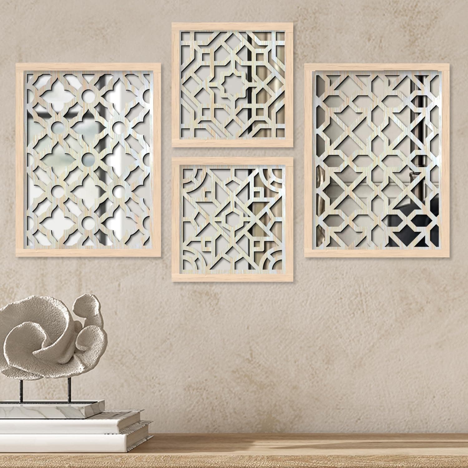 kotart Wall Mirror Decor Panel Wooden Hanging Rectangular Wall Decor Frame for Living Room, Bedroom - Decorative Wall Mirrorr - Wooden Jharokha Frames Mirror (Style01) (Art 3, 11X14 Or 11X11)