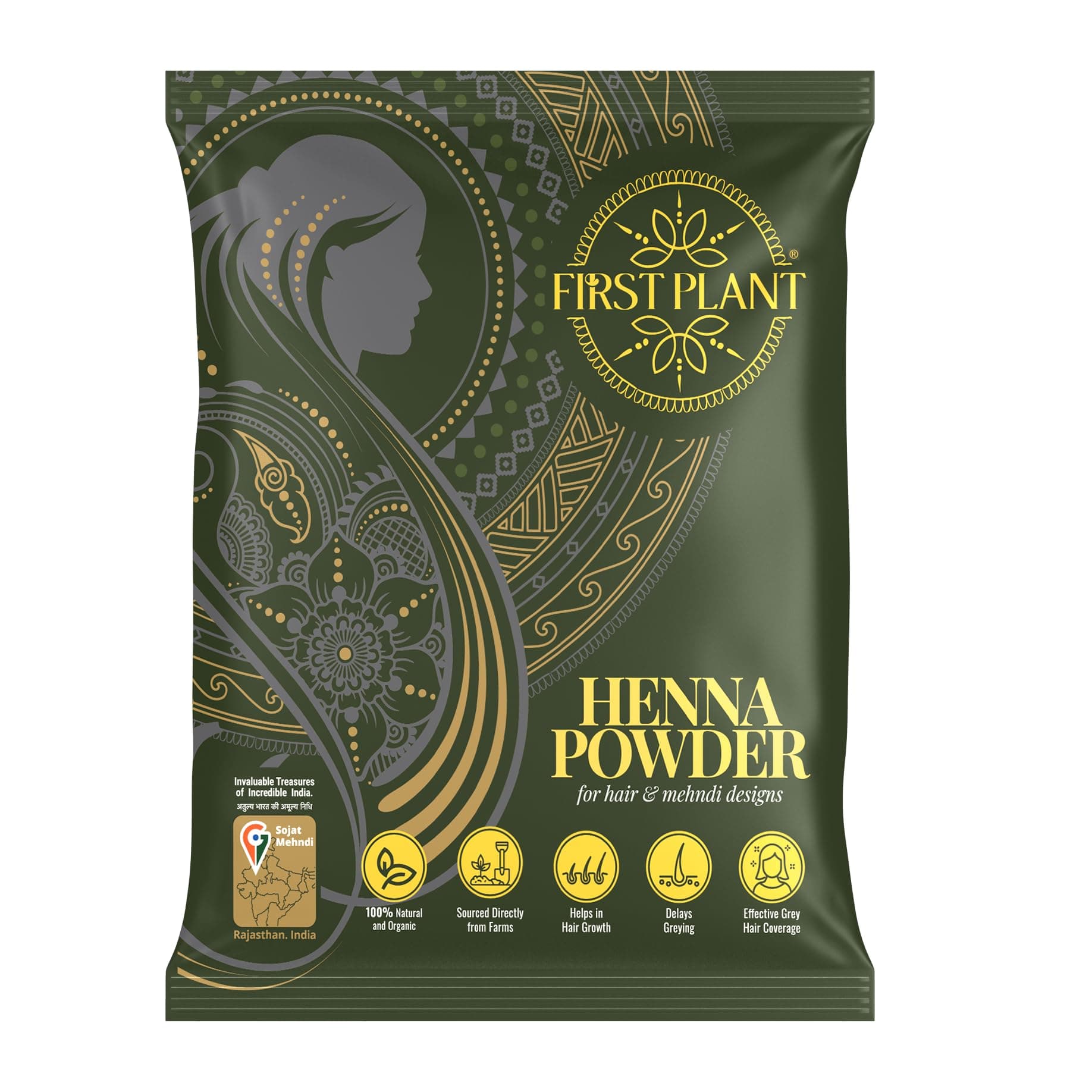 FIRST PLANT Premium Rajasthani HENNA POWDER | 100% Organic Henna Powder for Hair Colour and Hair Care I GI Tagged Henna directly from Farms | Mehndi Powder for Hair (350 gm)