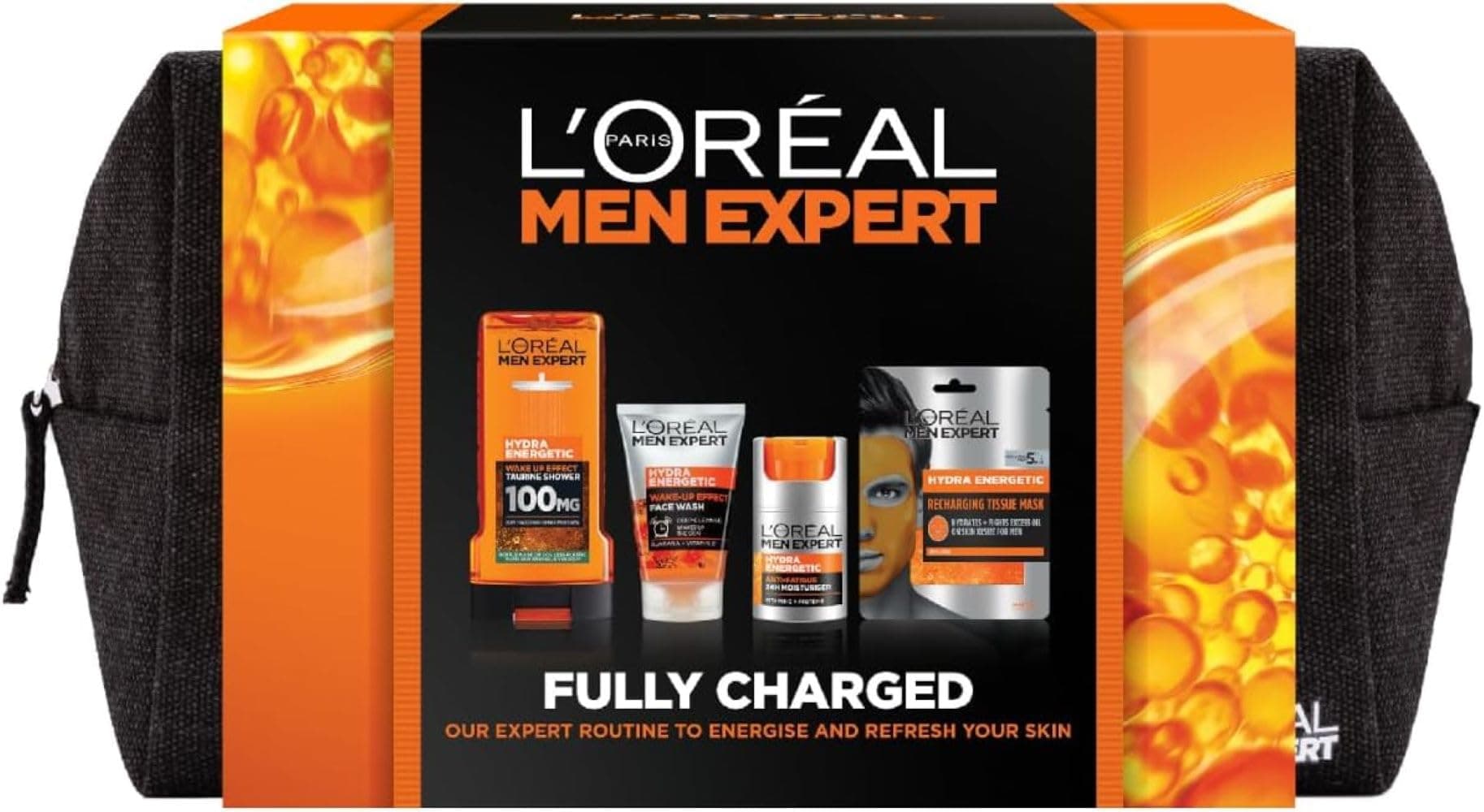 L'Oreal Men Expert Gift Set for Men, Hydra Energetic Fully Charged Washbag: Shower Gel, Moisturiser for Men, Sheet Face Mask and Face Wash