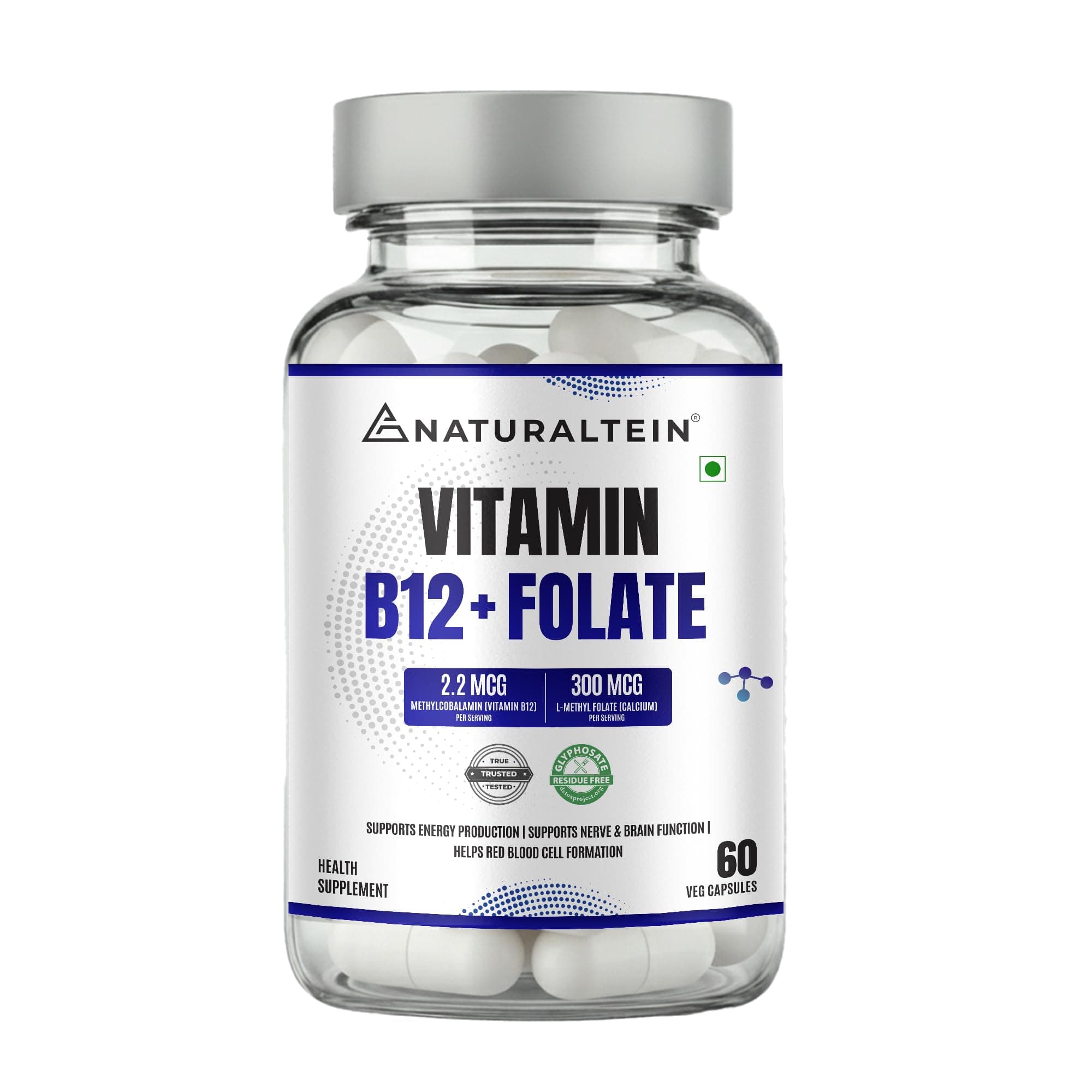 NATURALTEIN Vitamin B12 with Folate | Supports Energy, Mental Clarity, Nerve Function & Heart Health | Active Forms | 60 Capsules
