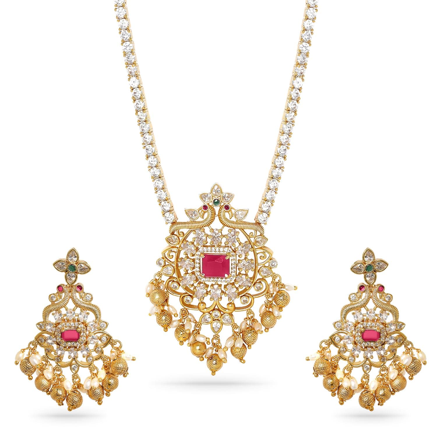 Rubans Womens 22K Gold Plated Ruby & Cubic Zirconia Studded Jewellery Set with Gold & Pearl Beads - Ideal for Weddings & Special Occasions
