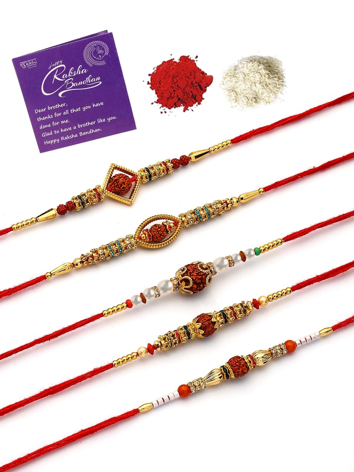 Sukkhi Rakhi Classic Gold Plated with AD Stones & Pearls Rudraksha Rakshabandhan Combo Rakhi for Brother with Roli Chawal & Greeting Card|Set of 5|CBRAK107451
