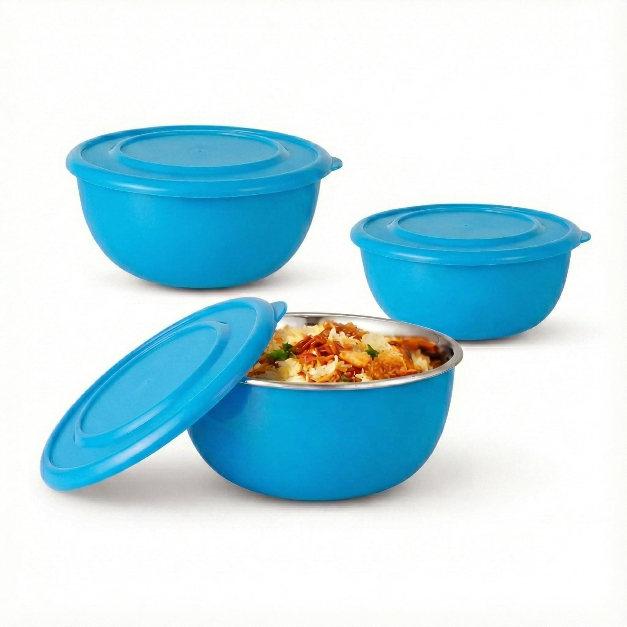 Zaib Stainless Steel Microwave Safe Euro Mixing Bowl Set with Lid | Pack of 3- Capacity (500ml, 800ml, 1250ml) | Snap-Fit Lid (Classic Ivory Star)