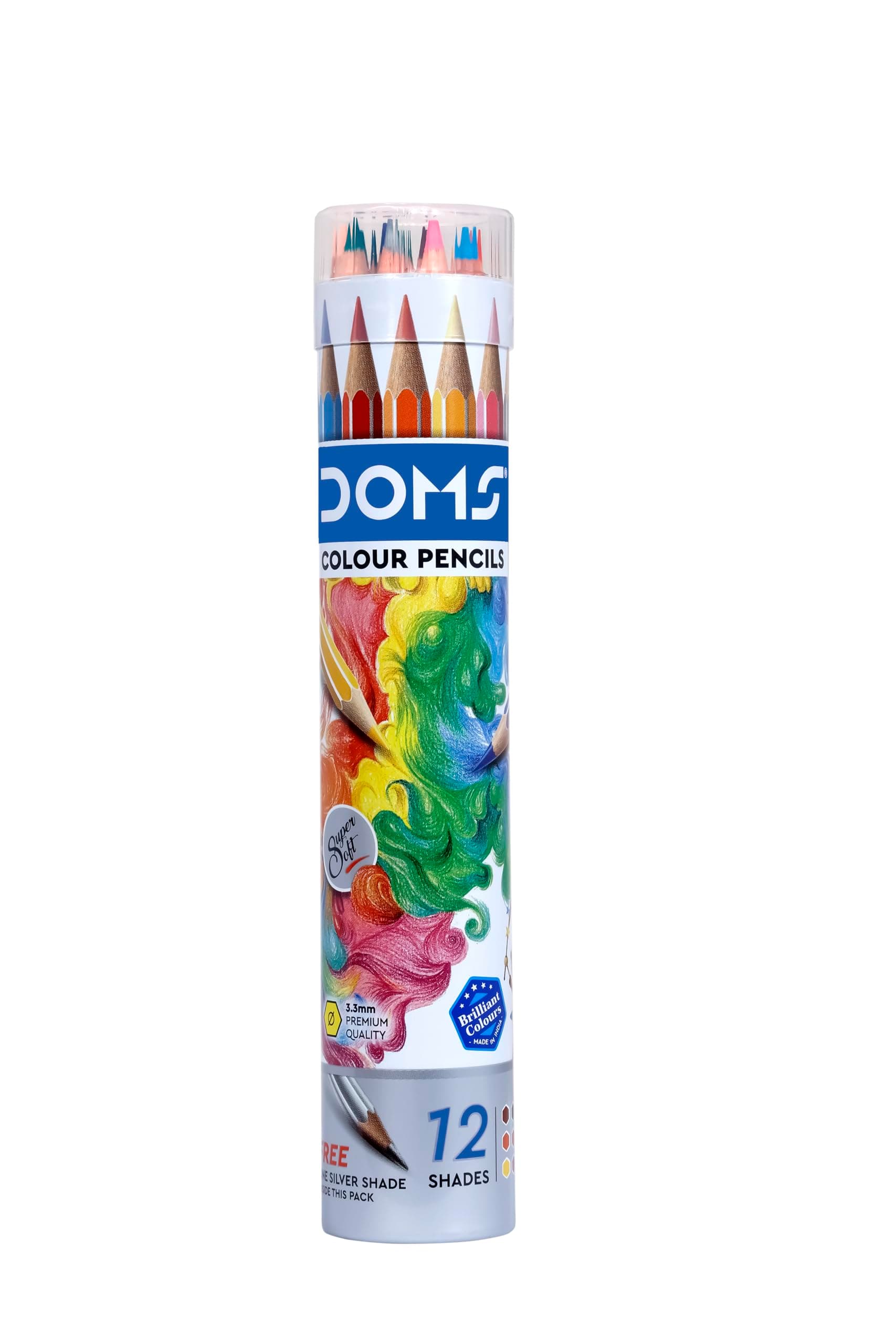 Doms 12 Colour Pencils 3mm - 12 Colours (Silver & Gold Shade Free Inside) - Soft Wood Hexagonal Colour Pencils