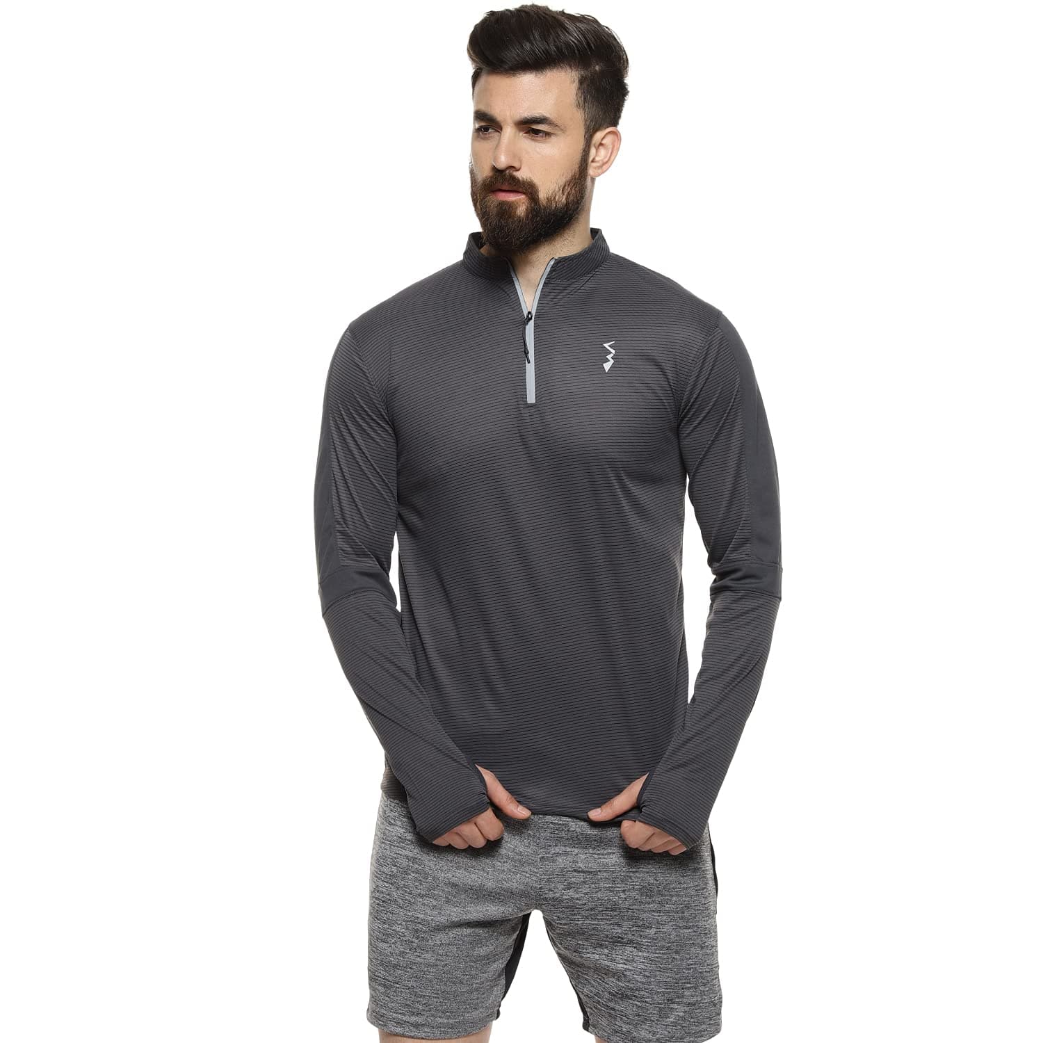 CAHOOT Men's Charcoal Grey Basic Activewear T-Shirt for Casual Wear | Mock Neck | Long Sleeve | Half-Zipper Closure | Polyester Jersey T-Shirt Crafted with Comfort Fit for Everyday Wear