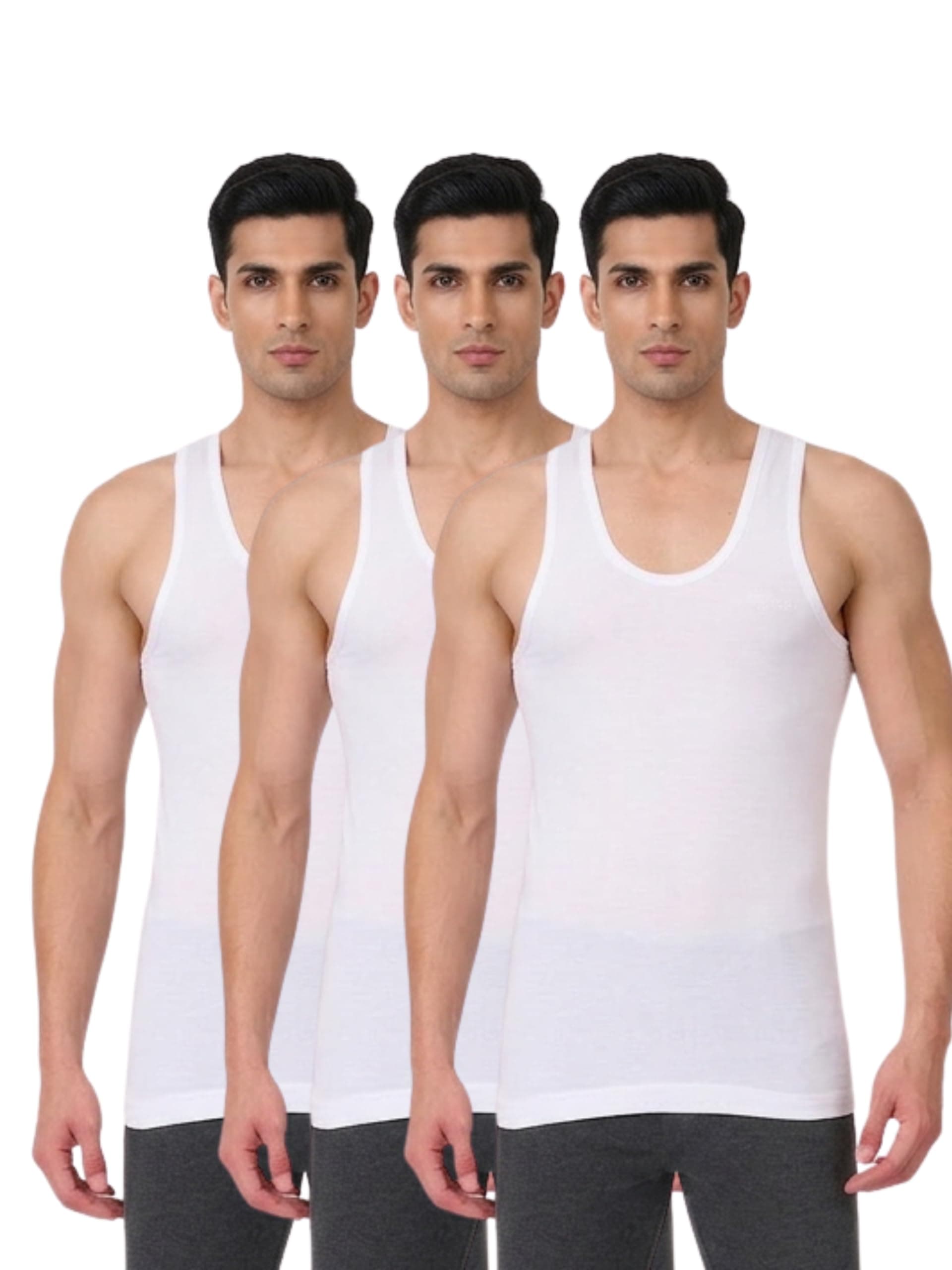 PRAKASAM COTTON Men's Combed Cotton Round Neck Sleeveless White Vest with Extended Length for Easy Tuck (Gold) Pack of 3