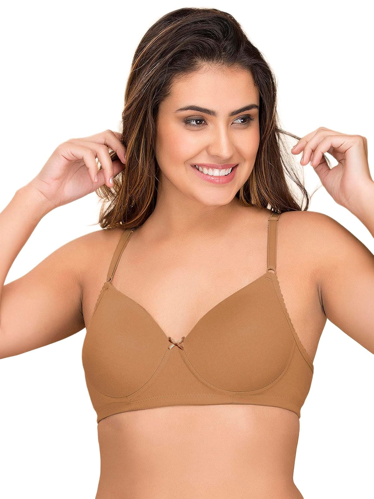Clovia Women's Cotton Rich Solid Padded Full Cup Wire Free T-Shirt Bra (BR1279P24_Beige_44B)