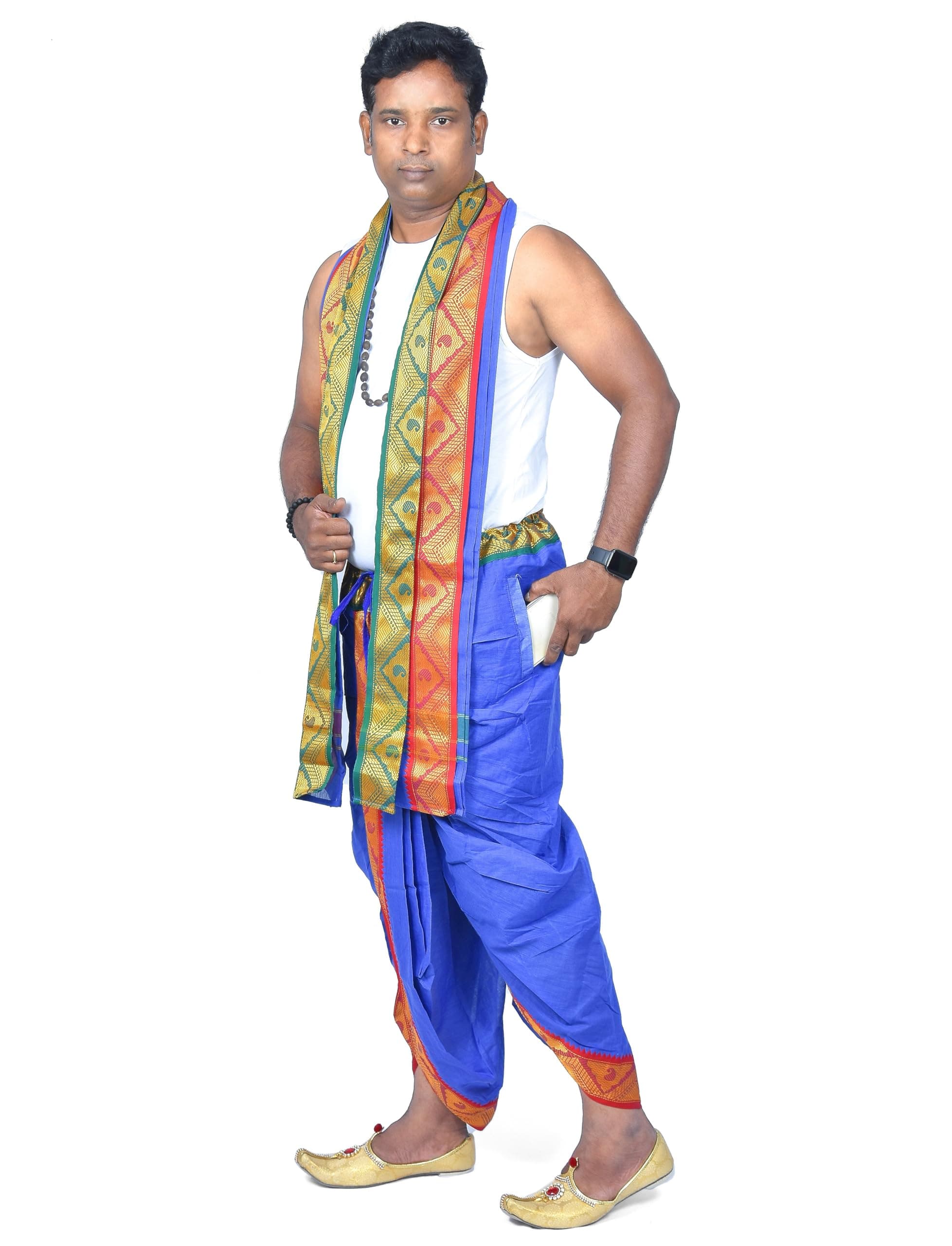 TUNI MANI Men's SPL Readymade Panchakacham Dhoti Pant Cotton, Angavasthram(Towel) with side Pocket, Free Size