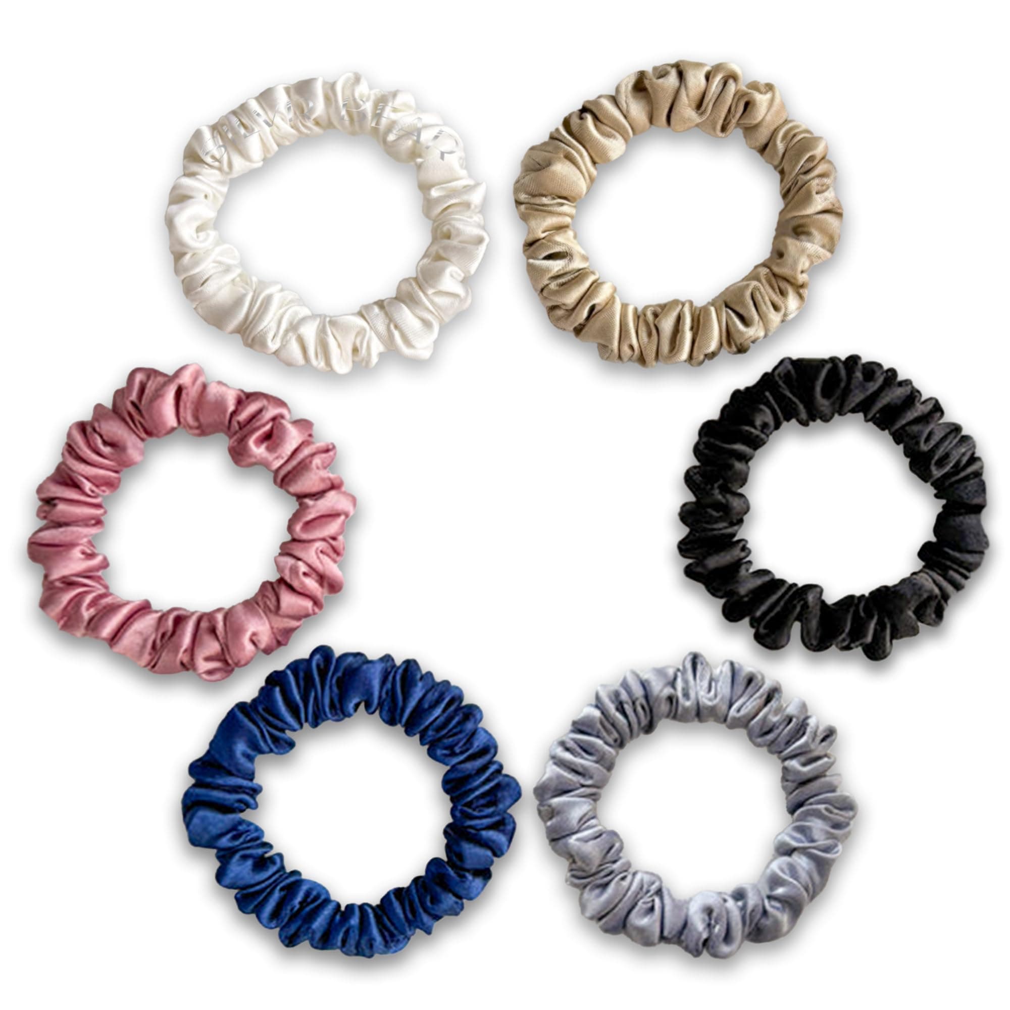 SILVR BEAR Luxury Satin Scrunchies SAME 6 COLORS AS PIC, Anti-Hair-Breakage, Hair Ties, Scrunchies Set for Girls, Women, Best gift for Sister, Friend, Mom (Classic Skinny)