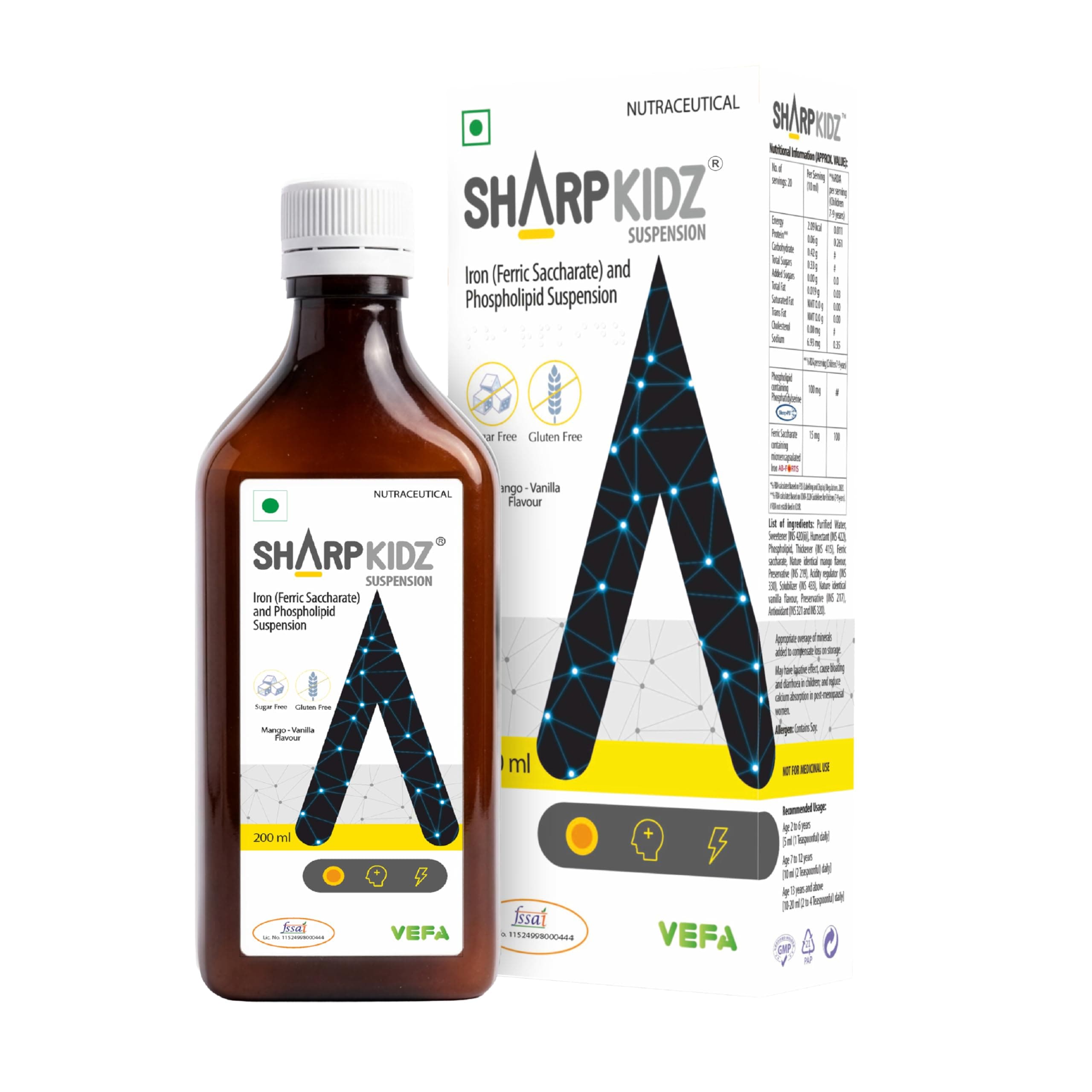 SHARPKIDZ Brain Development & Focus Supplement for Kids | With Phosphatidylserine (PS) | Supports Memory & Attention | Liquid Suspension Formula - Mango-Vanilla Flavour