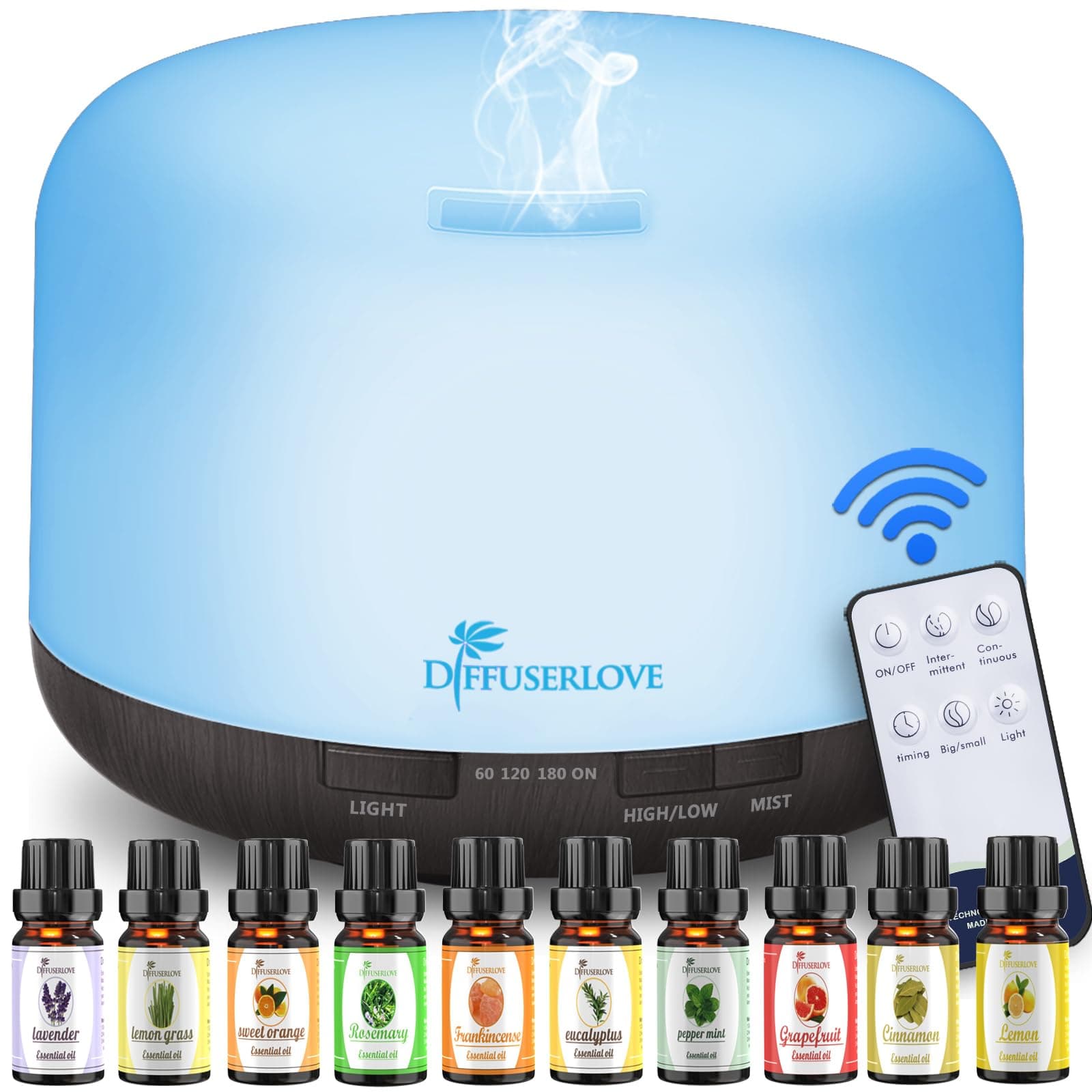 Diffuserlove Essential Oil Diffuser 500ML Ultrasonic Aromatherapy Diffuser Mist Humidifiers with Mute Design, Timer and Waterless Auto Shut-Off, 7 Color LED Lights for Office Home Bedroom