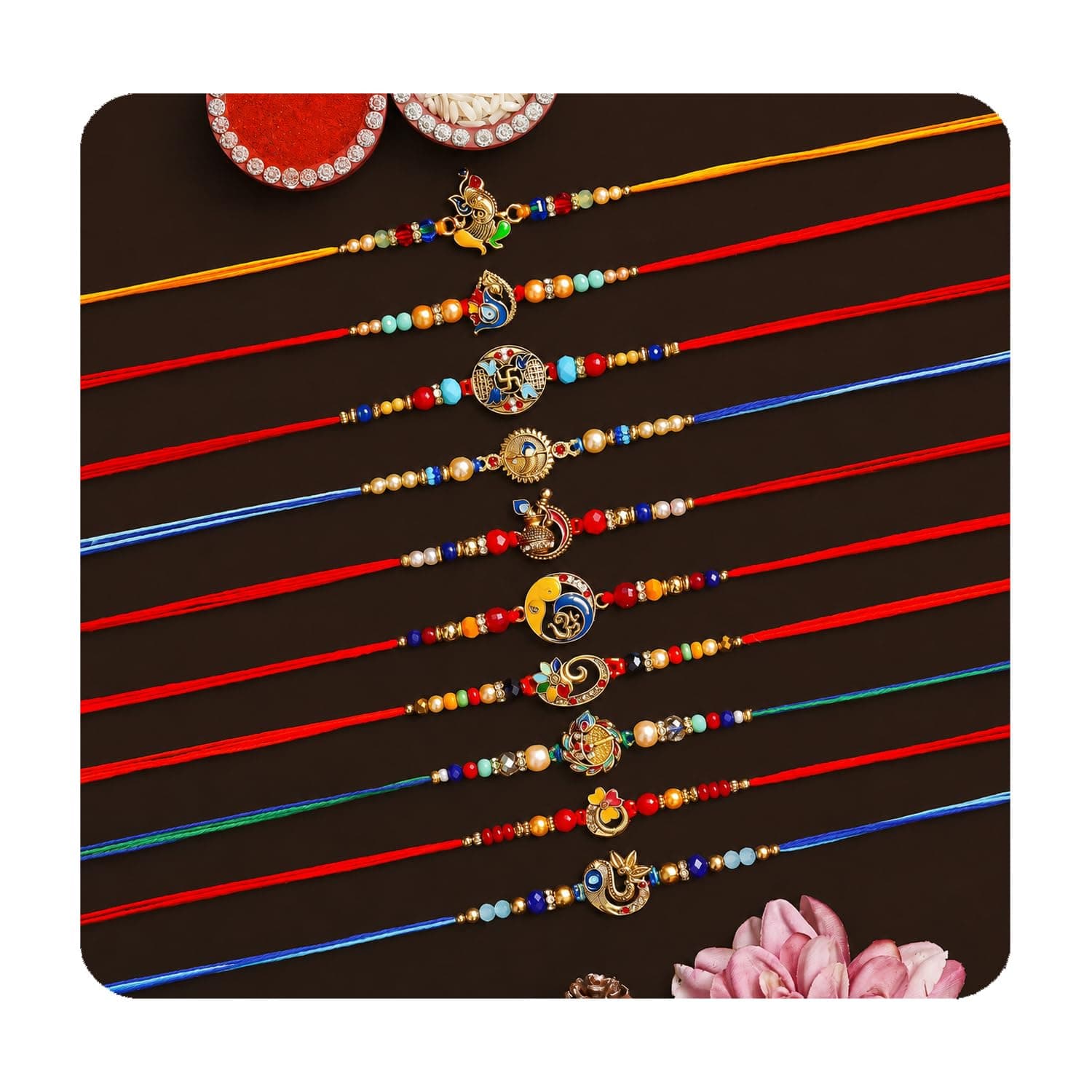 TONKWALAS Combo of 10 Rakhi Set for Brother With Roli Chawal Best Wishes Greeting Card Rakhi for Brother (Multicolor-2)