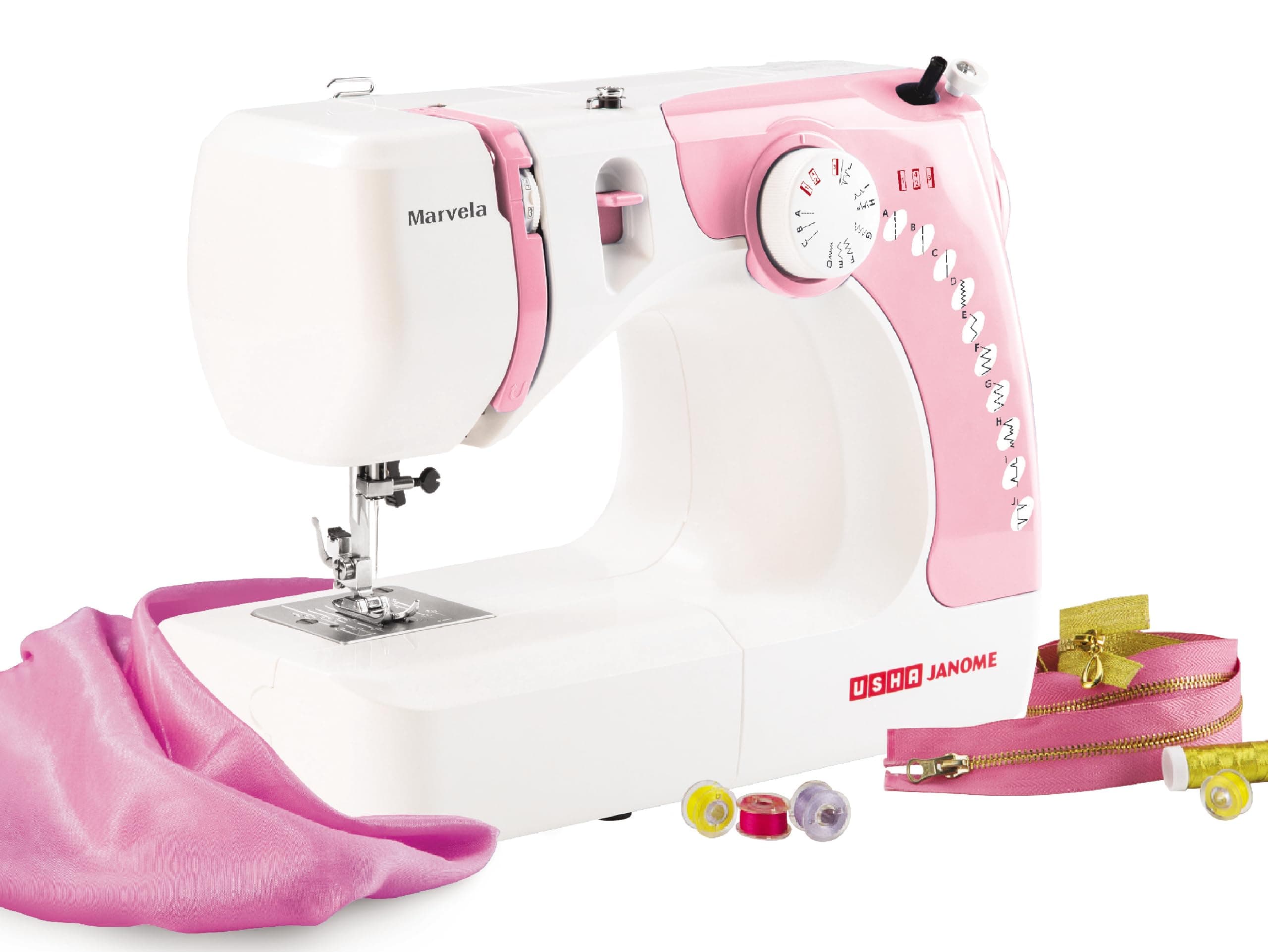 Usha New Janome Marvela Pink Automatic Zig-Zag Electric Sewing Machine With Free Sewing Kit | Sewing Light | 7 Built-In-Stitches | 14 Stitch Functions | 2 Year Warranty | Pink & White