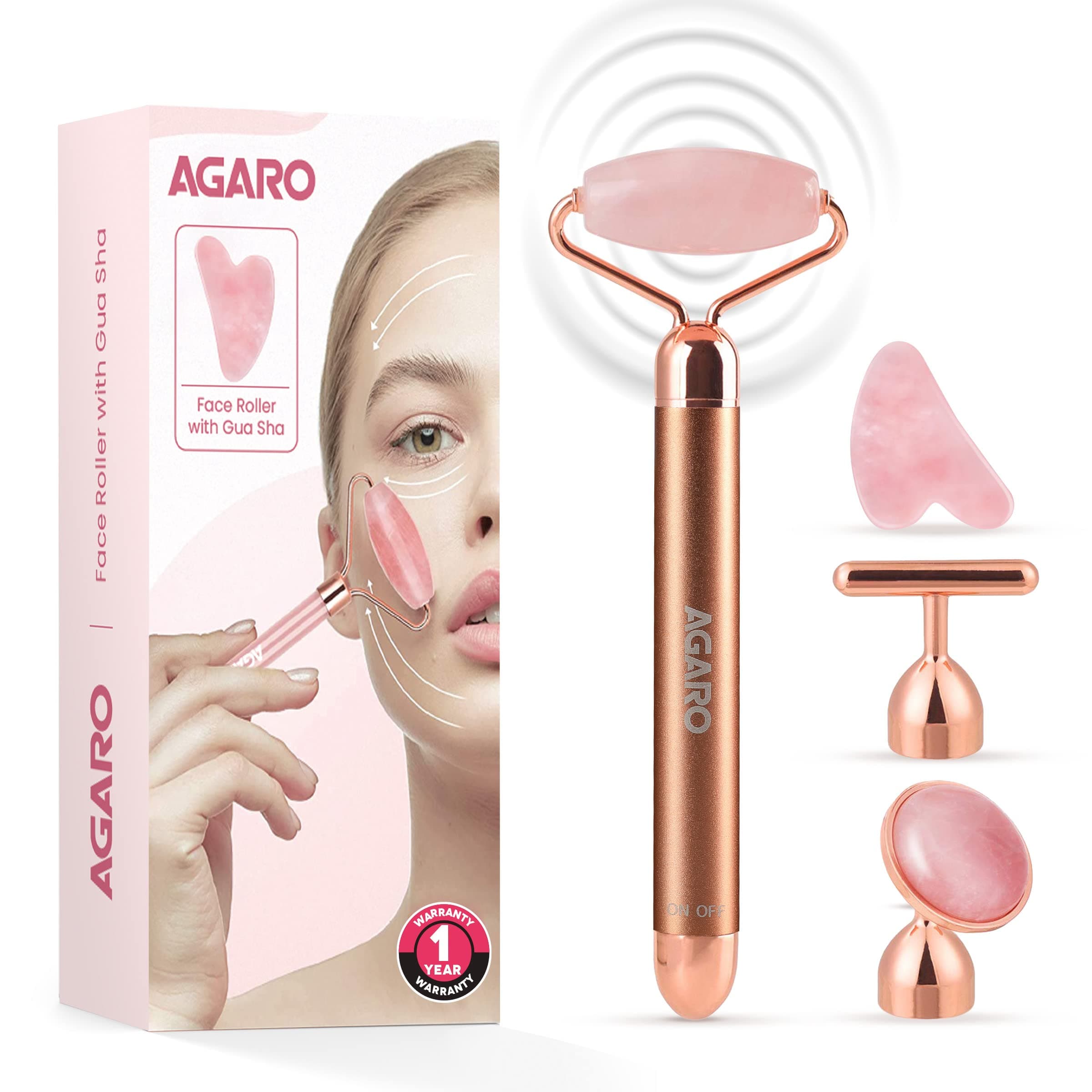 AGARO 4-In-1 Electric Rose Quartz Face Roller with Gua Sha, Facial Roller Kit for Face, Eye, Neck, Anti-Aging Facial Massager for Anti-Wrinkles, Skin Firming and Lifting (Rose Gold)