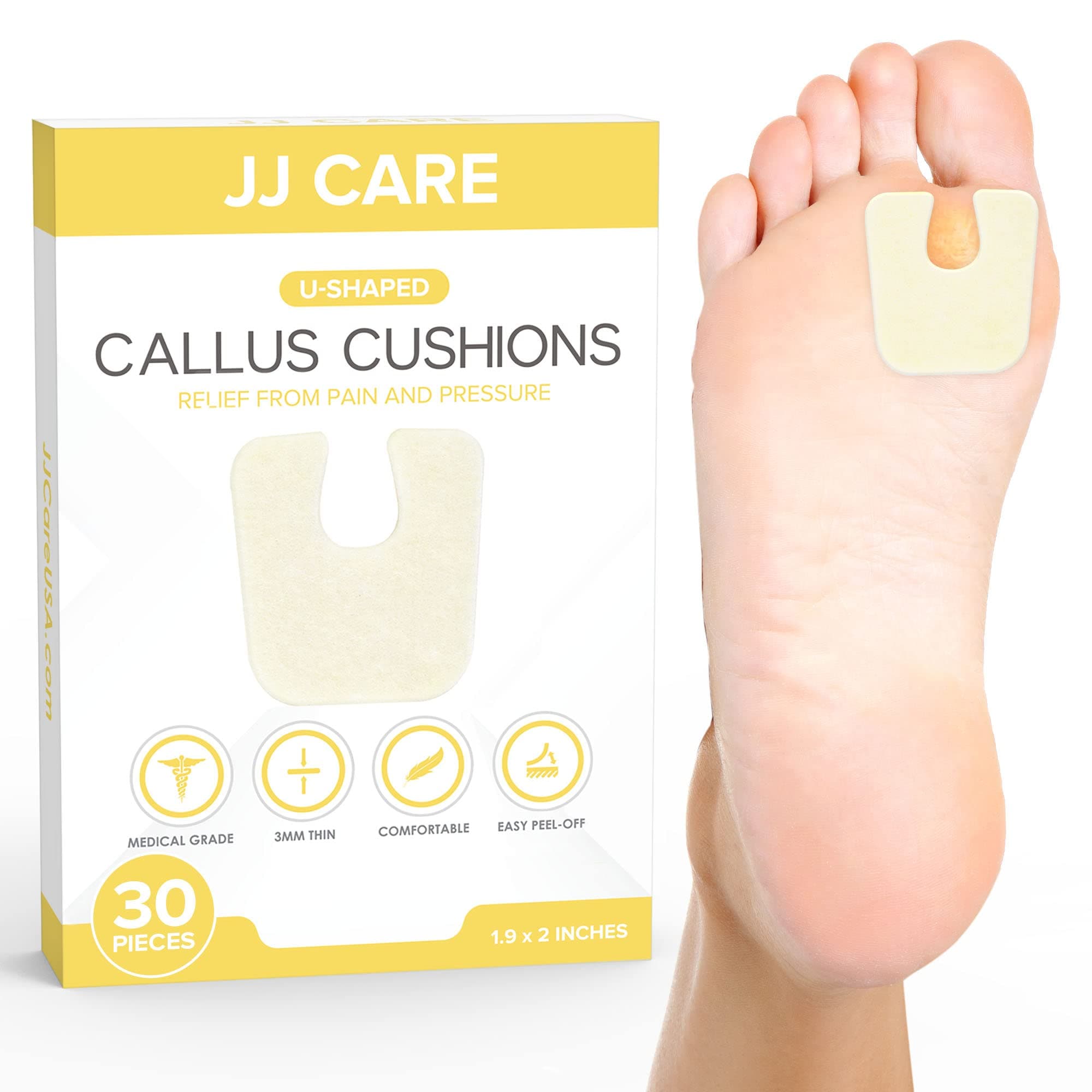 JJ CARE Callus Cushions [Box of 30] U Shaped Callus Pads for Feet, Soft Felt Callus Pads for Pain Relief & Foot Care, Self-Adhesive Foot Callous Cushions, Medical Grade Callous Protector
