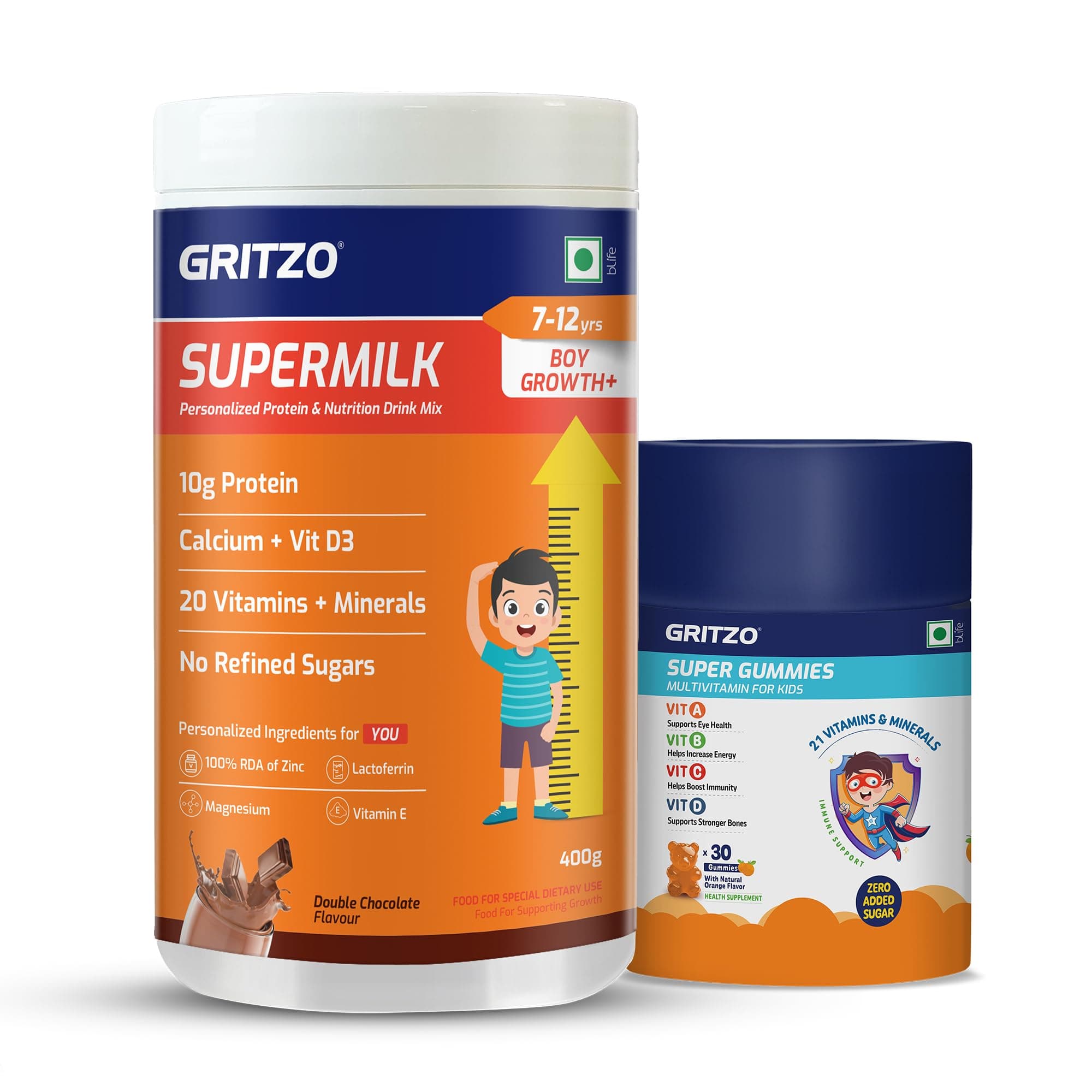 Gritzo SuperMilk Growth+ (7-12y Boy), 400g + Multivitamin Gummies