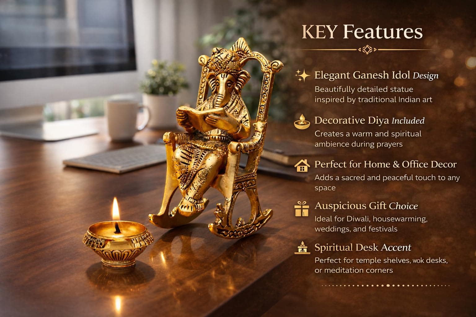 CHHARIYA CRAFTS Metal Lord Ganesh Reading Ramayana Statue Ganpati Sitting on Chair with Kuber Diya Idol for Home Office and Gifts Decor Corporate Gifts Decorative Showpiece - 14 cm (Metal, Gold)