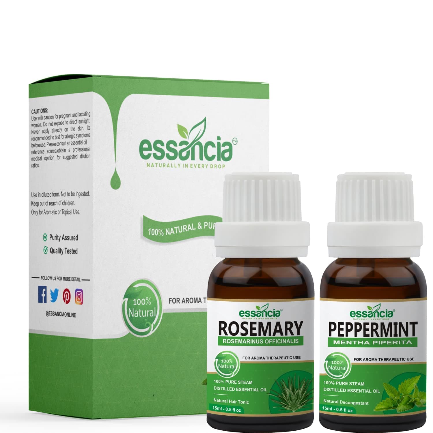 essancia - NATURALLY IN EVERY DROP Pack Of 2 Essential Oils Rosemary & Peppermint Oils,Combo Set For Hair Growth,Soap Making,Acne,Dandruff,Skin,Face,Cold,Rats,Diffuser & Aromatherapy,Natural,Undiluted