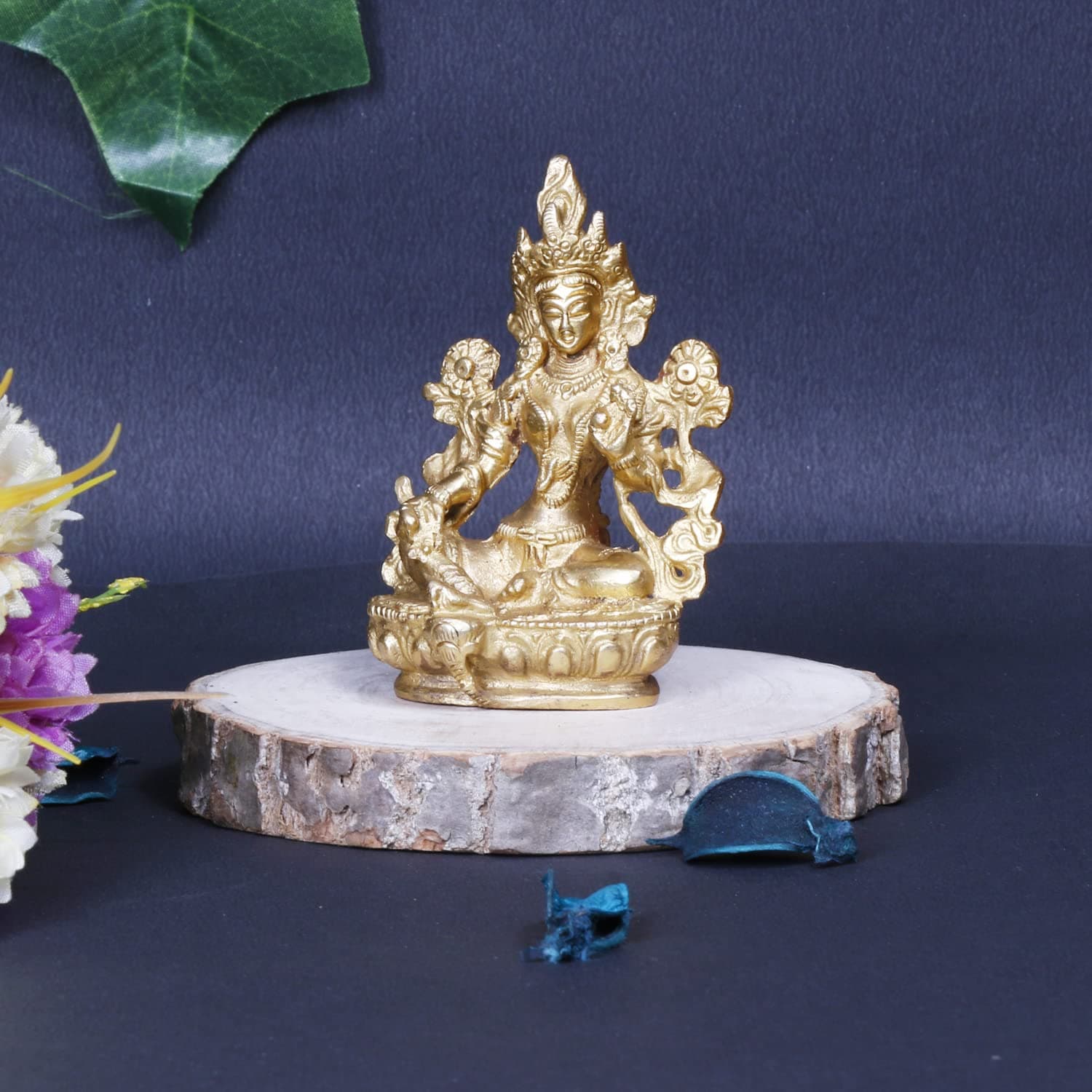 ARTVARKO Brass Goddess Tara Devi Sitting Idol Tibetan Buddhist Goddess Green Tara Decorative Sculpture - 3.5 Inches