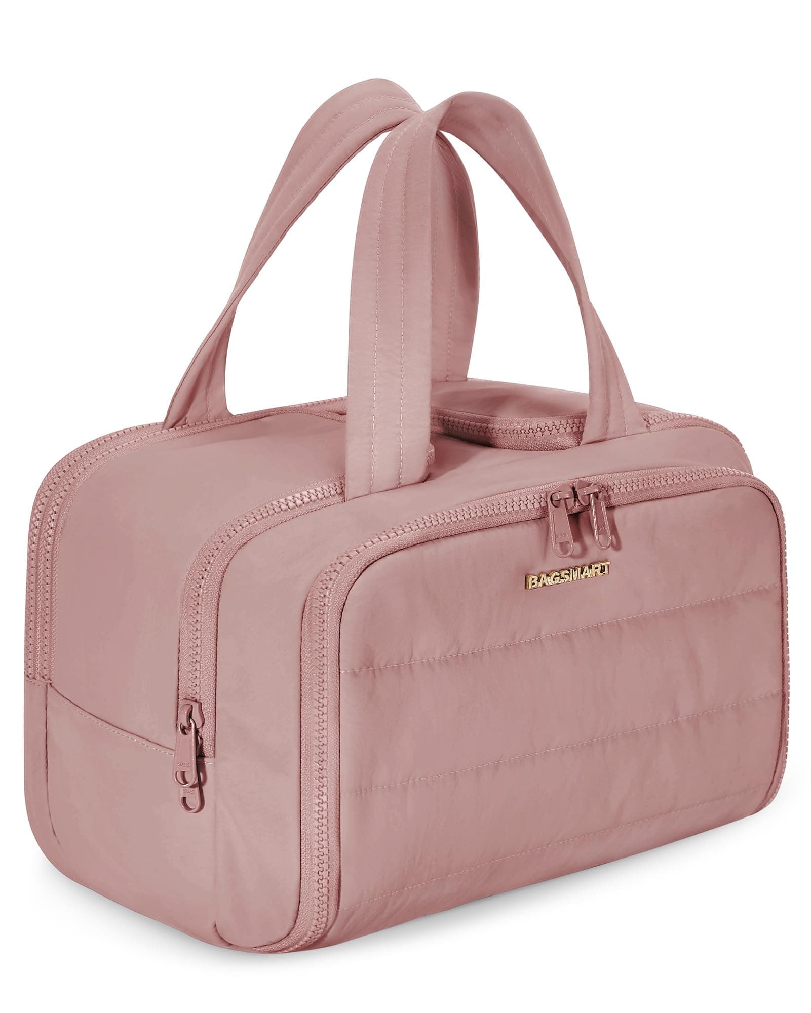 BAGSMART Travel Toiletry Bag, Lightweight Large Wide-Open Toiletry Bag for Women, Puffy Cosmetic Makeup Bag Organizer with Handle for Accessories,Essentials, Toiletrie, Dark Pink, Puffy