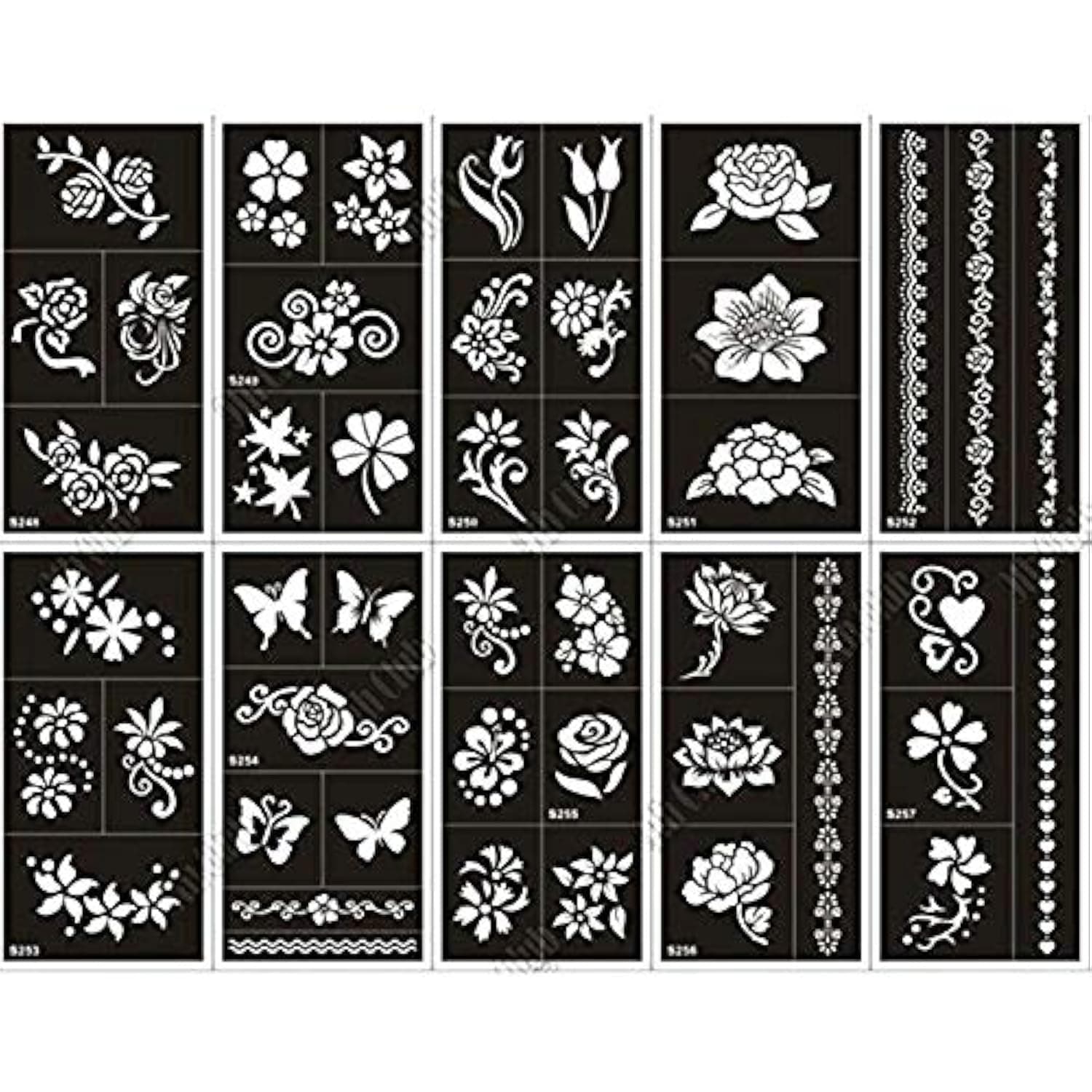 10 Sheet Henna Tattoo Stencil Kit for Women Body Art, Airbrush Glitter Temporary Templates 17.5 x 8.5cm