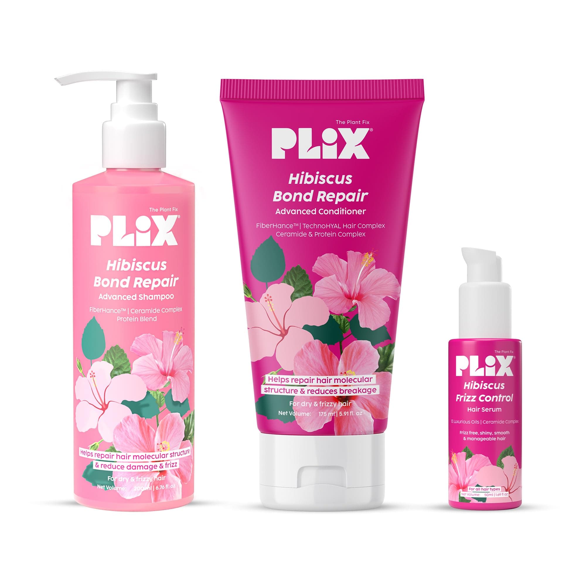 PLIX - THE PLANT FIX Hibiscus Frizz Control Hair Serum 50ml + Bond Repair Shampoo 200ml + Conditioner 175ml | Protects & Smoothes Frizzy Hair| 3x Strength with Fiberhance