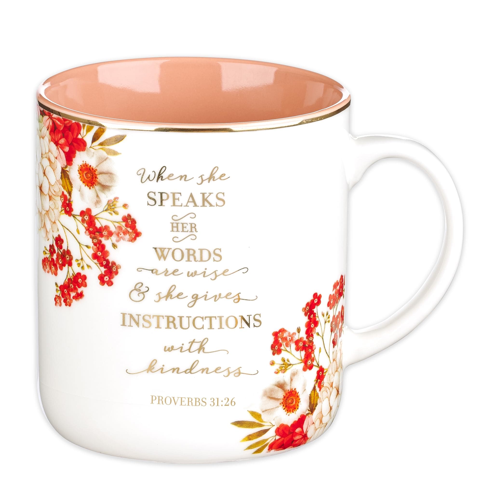 When She Speaks Proverbs 31 Woman Bible Verse Ceramic Coffee/Tea Mug | Pink/Red w/Gold Metallic Floral Christian Coffee Mug for Women, 14 oz
