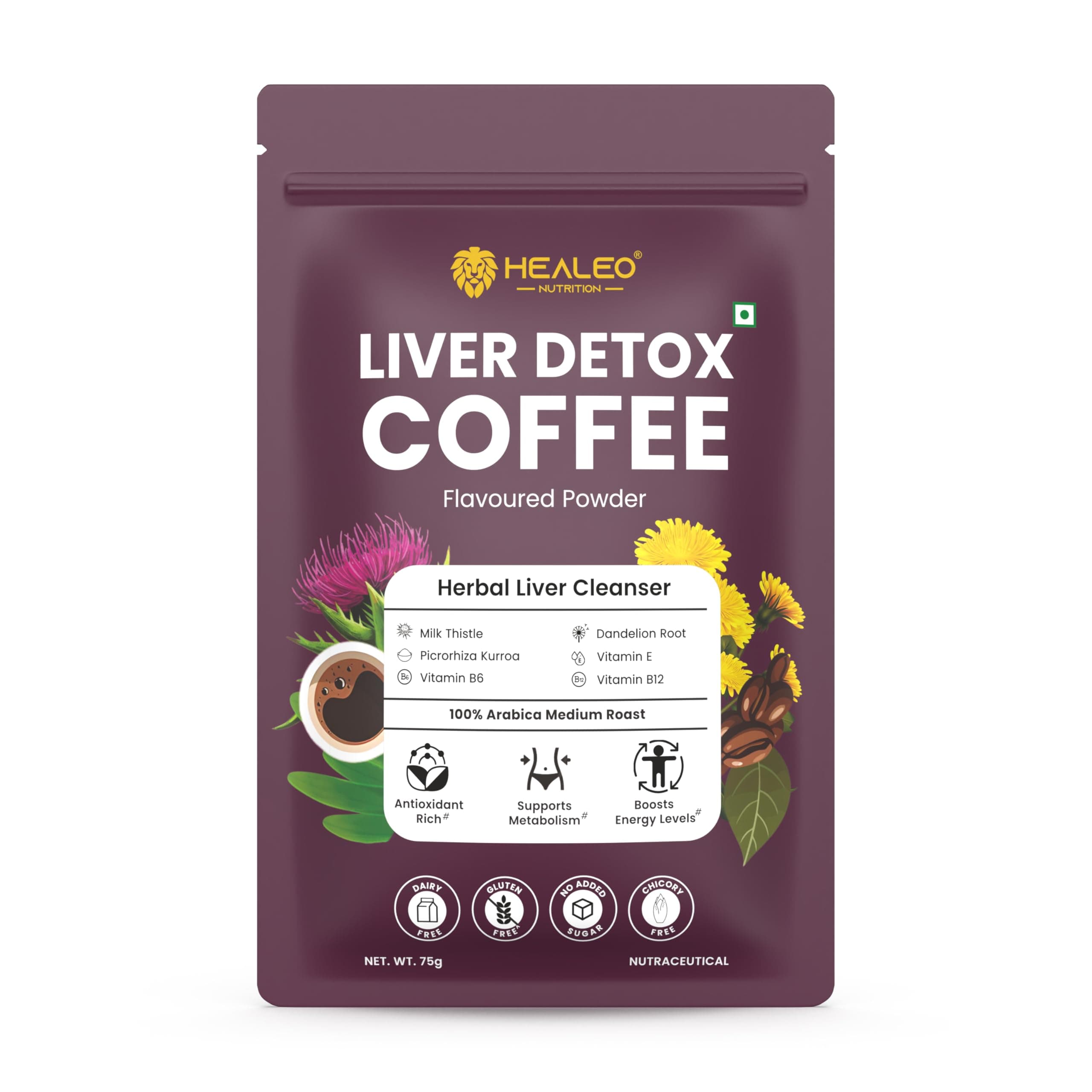 Healeo Liver Detox Coffee Powder 75g | Herbal Cleanser with Milk Thistle, Dandelion Root, Kutaki & Vitamins | Supports Fatty Liver Reversal, Detox & Liver Health
