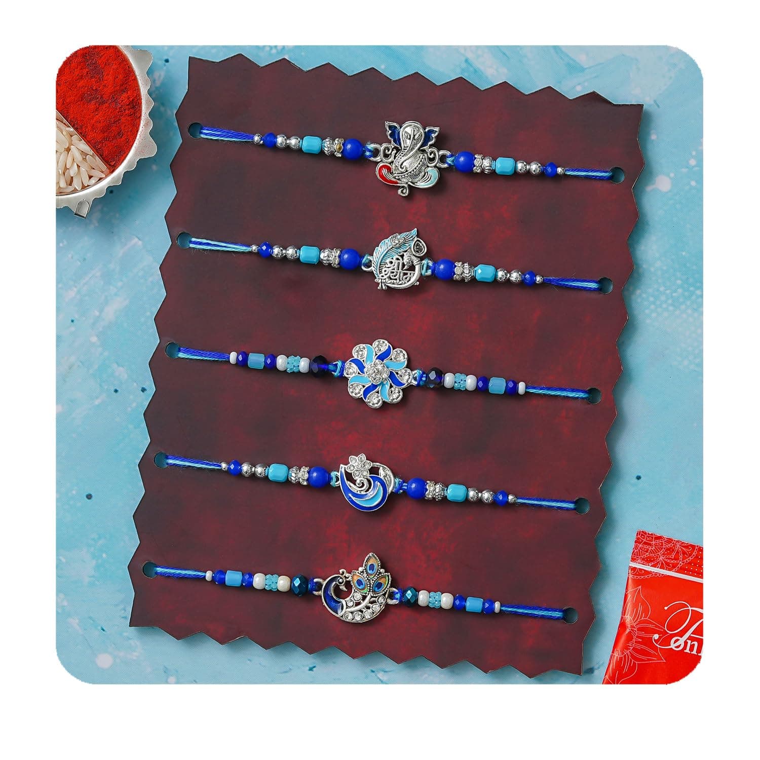 TONKWALAS Rakhi For Brother, Set Of 5 Designer Rakhi With Roli Chawal Pack and Greeting Card